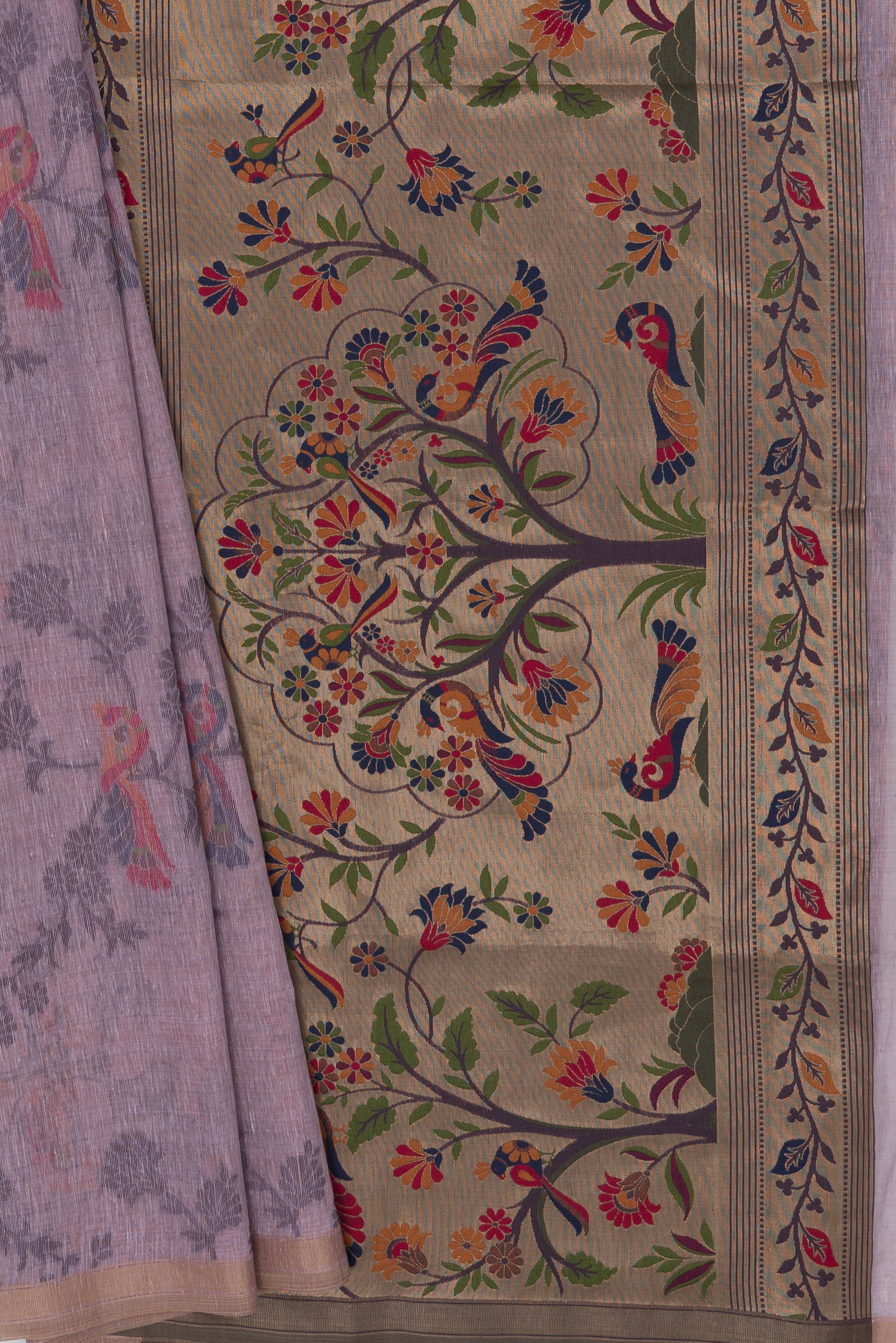 Pastel Purple Linen Paithani with Vriksh Pallu and contrast Dusky Purple blouse