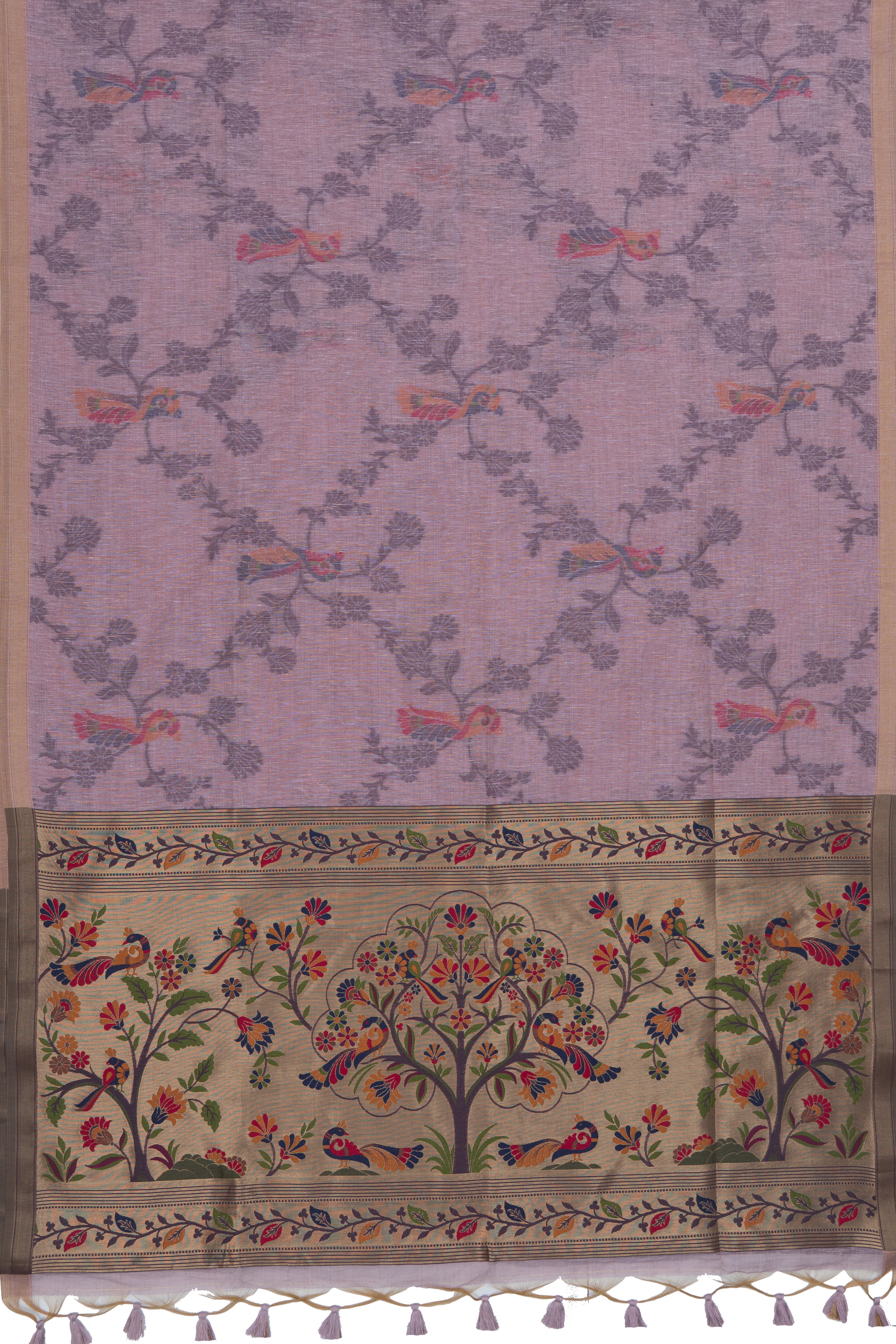 Pastel Purple Linen Paithani with Vriksh Pallu and contrast Dusky Purple blouse