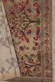 Cream Linen Paithani with Vriksh Pallu and contrast Coffee blouse