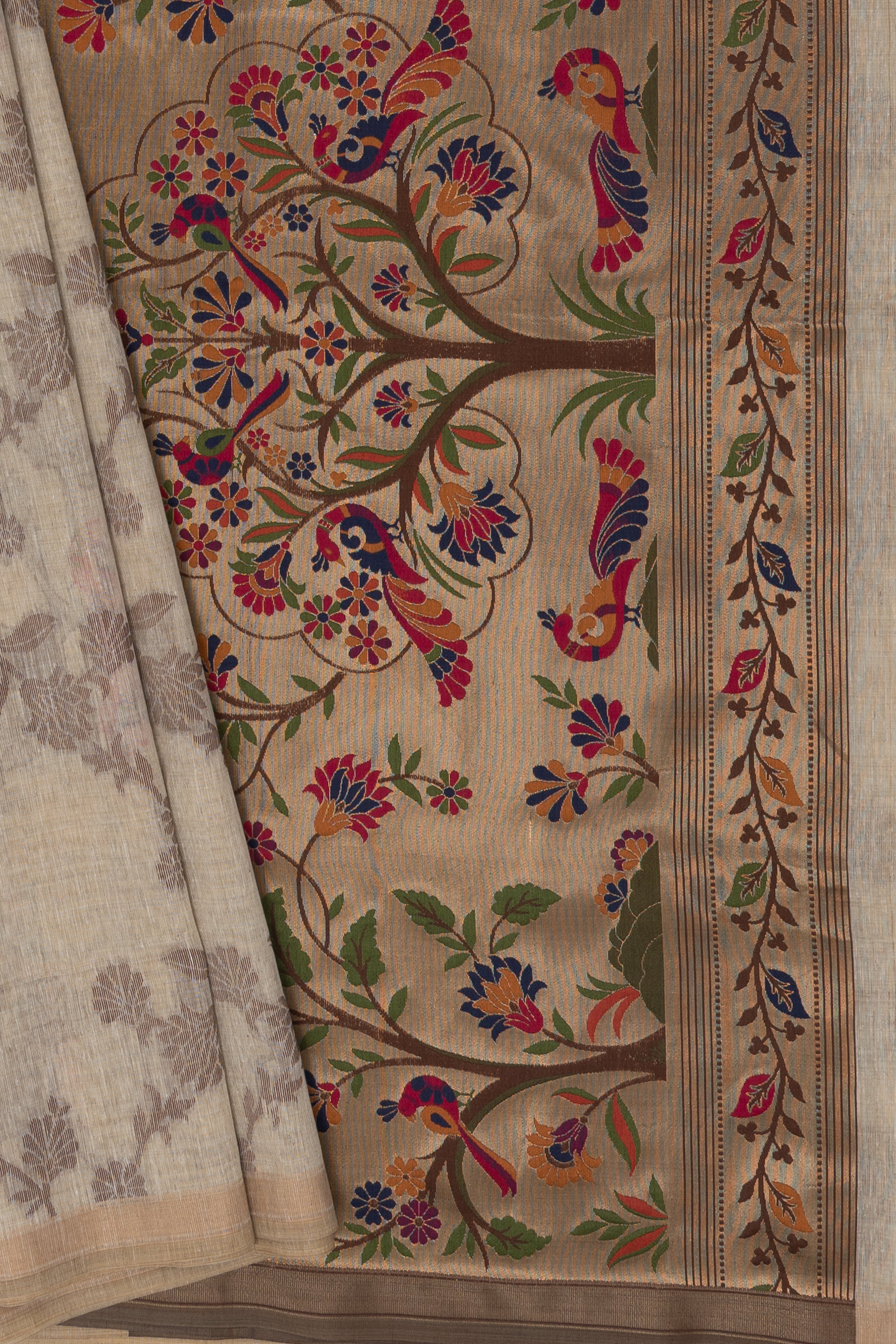 Cream Linen Paithani with Vriksh Pallu and contrast Coffee blouse