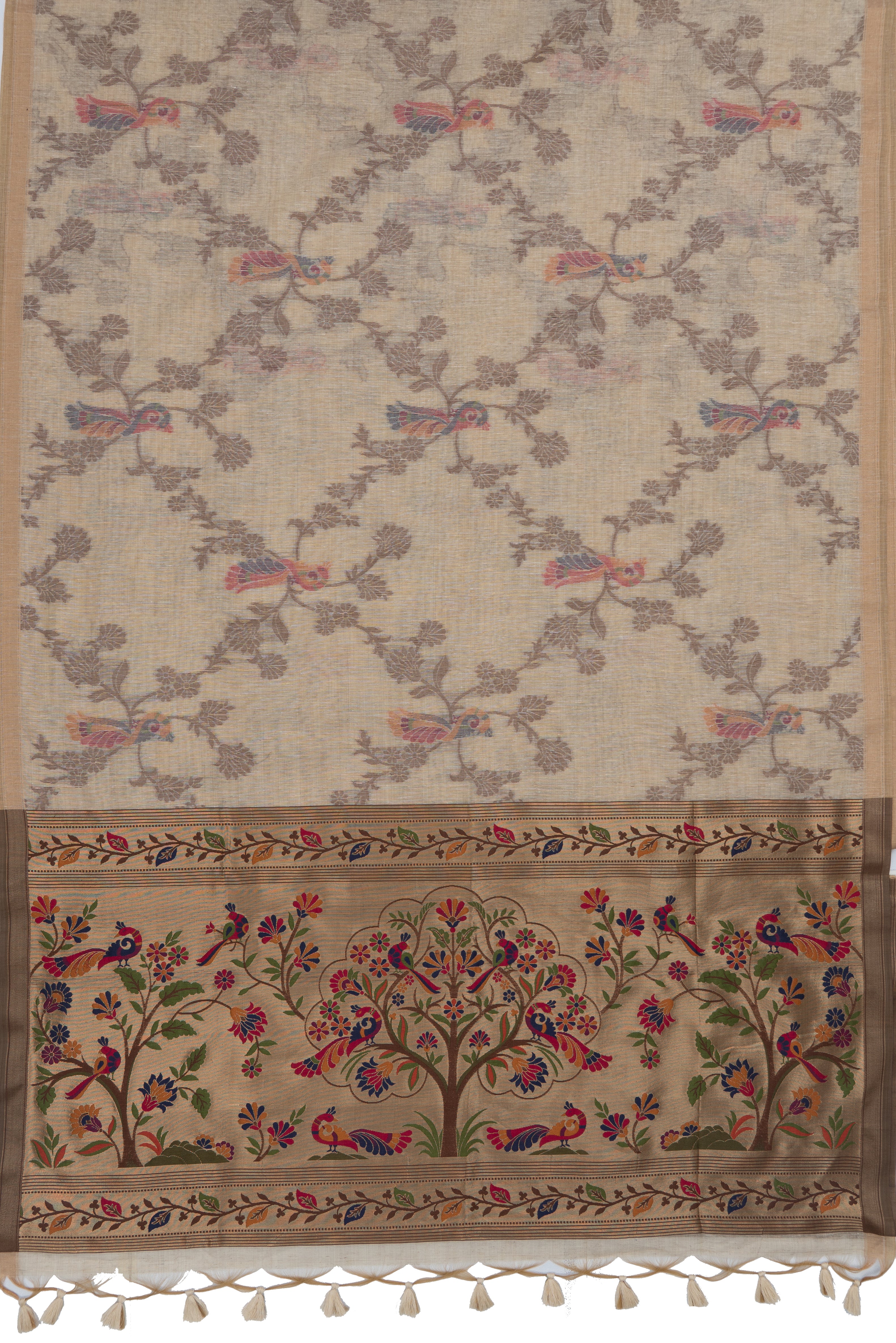 Cream Linen Paithani with Vriksh Pallu and contrast Coffee blouse