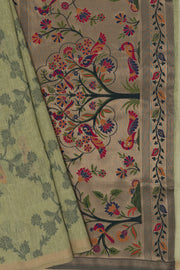 Forest Green Linen Paithani with Vriksh Pallu and contrast Dark Green blouse