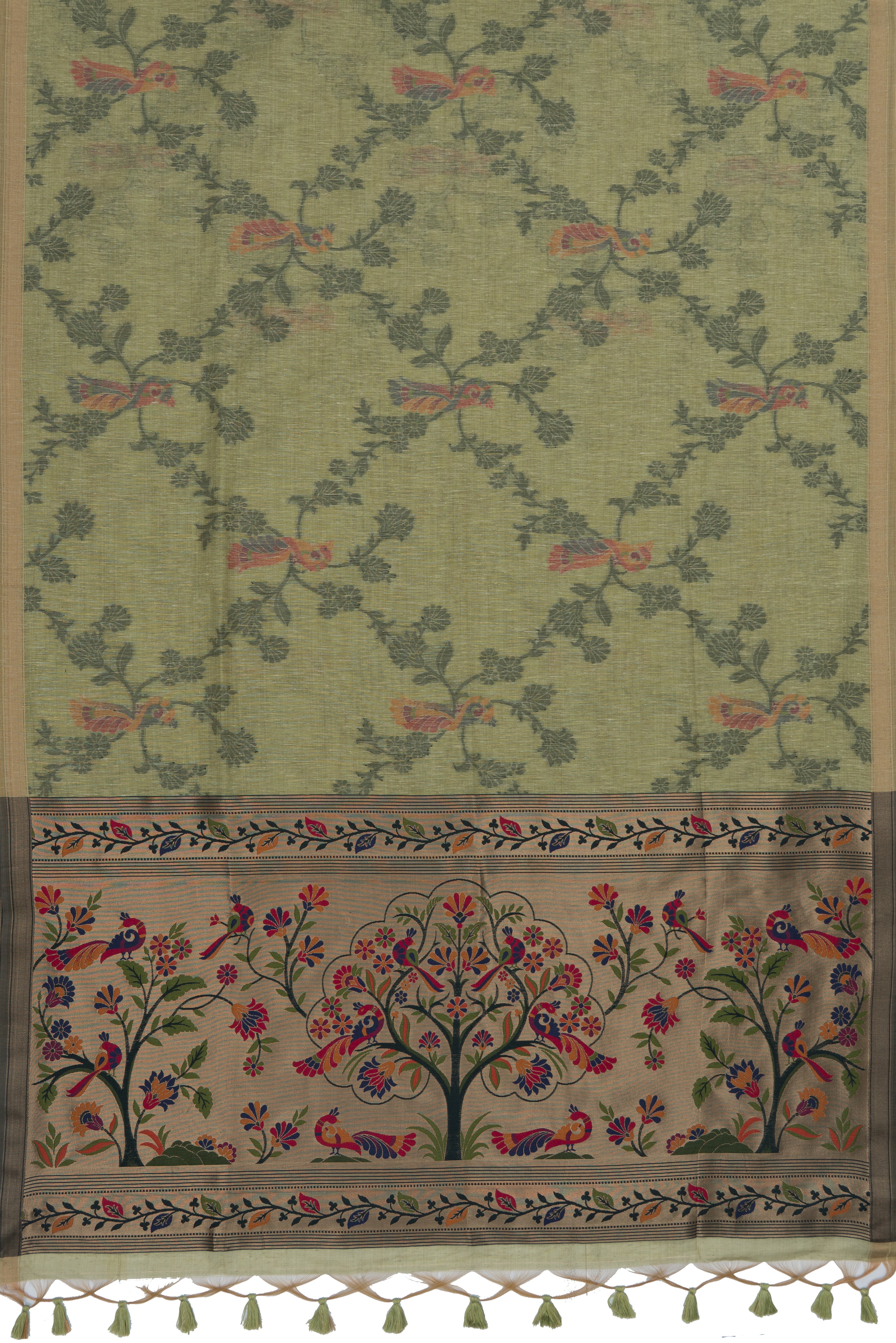 Forest Green Linen Paithani with Vriksh Pallu and contrast Dark Green blouse