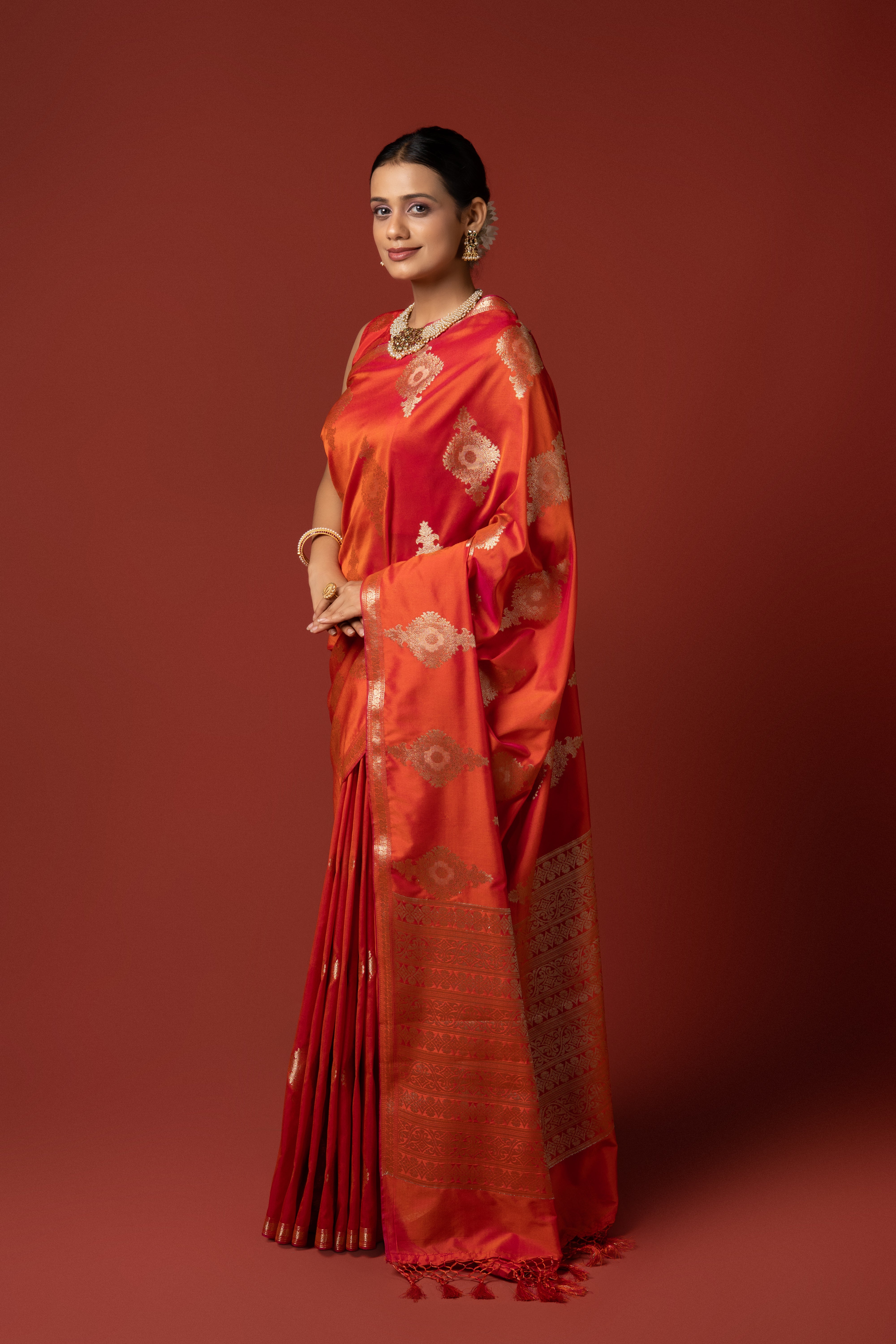 Sunset Orange Katan Silk Banarasi Saree