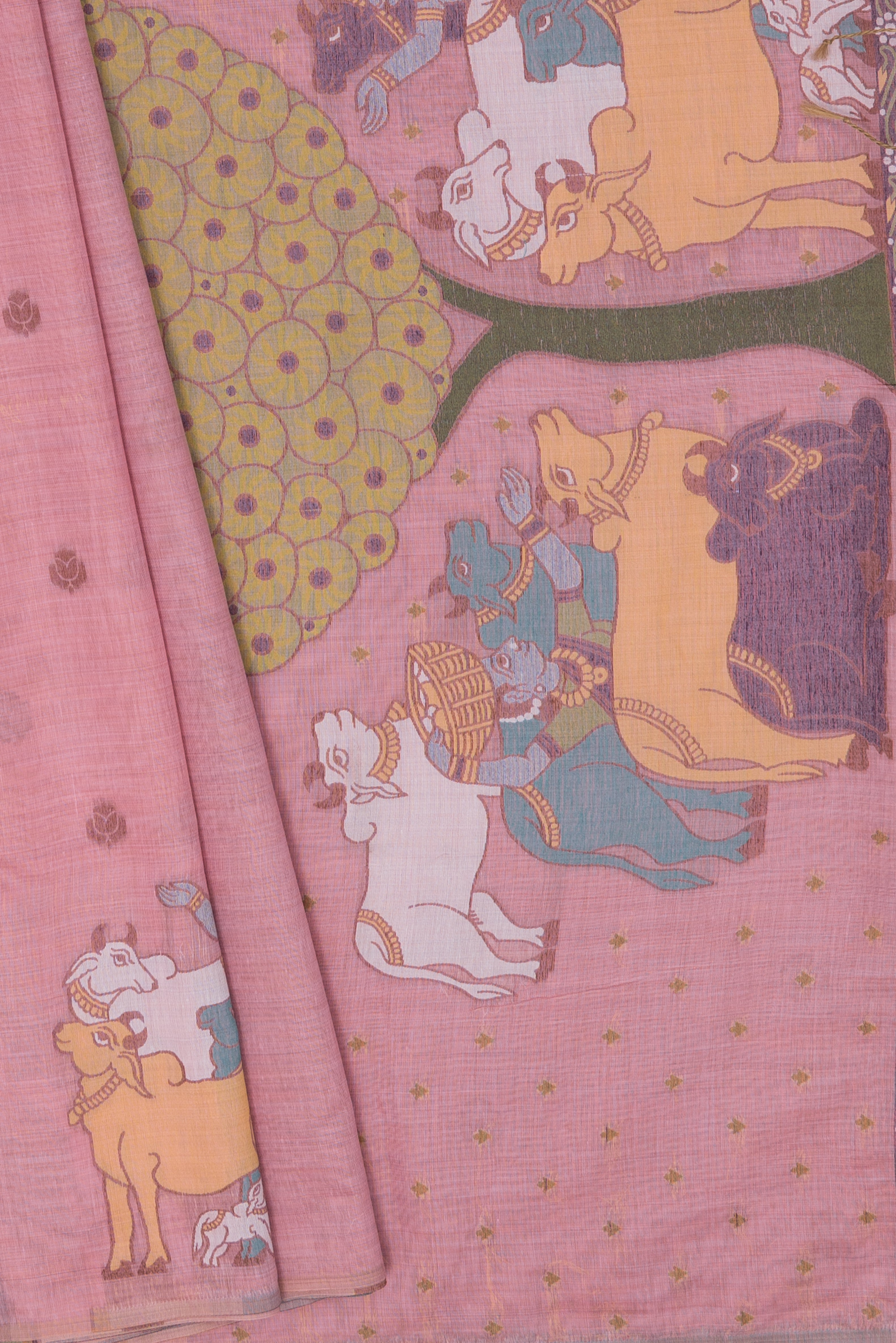 Pastel Pink Pure Cotton Saree with Nandi Pallu and contrast blouse