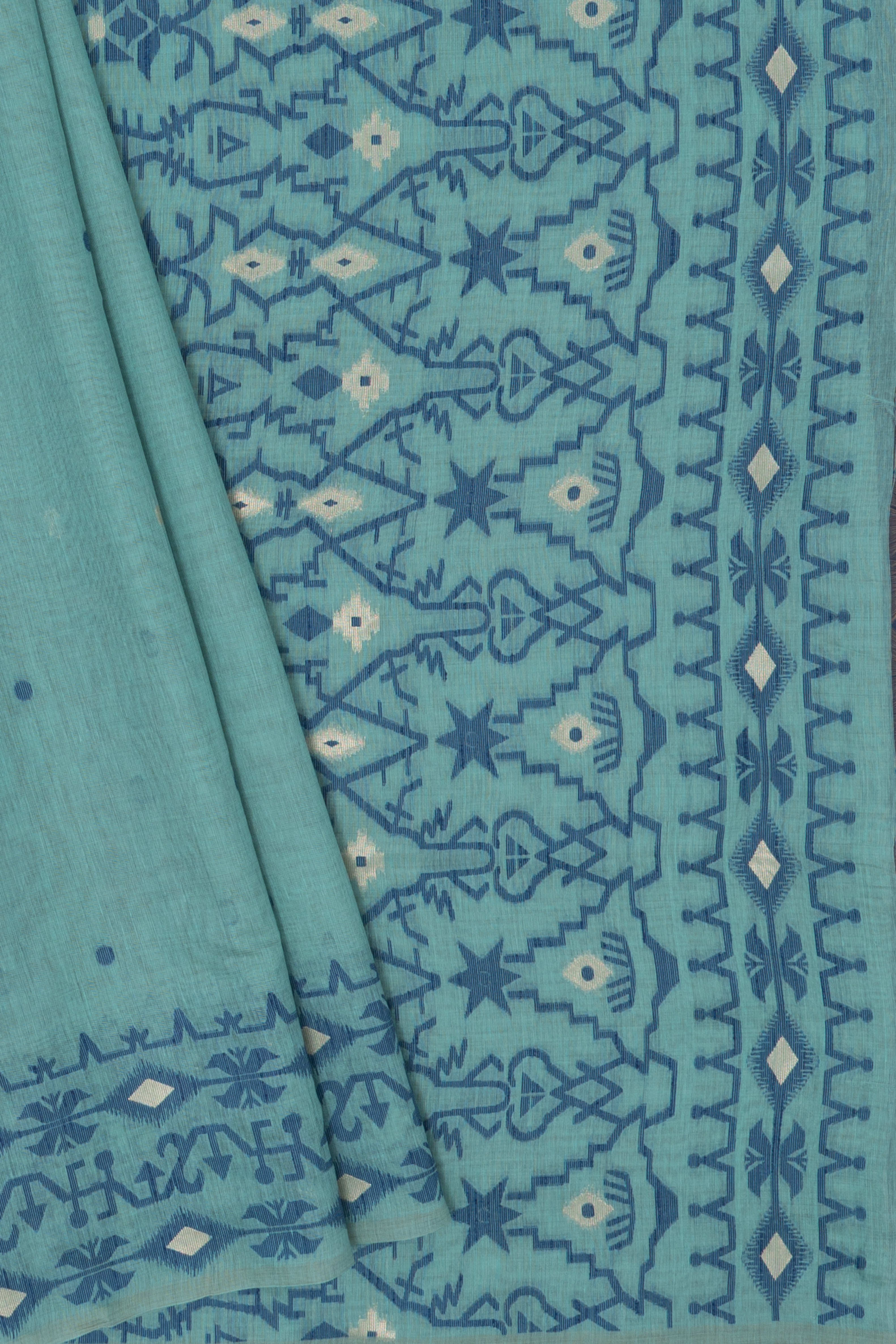 Sea Blue Pure Cotton Saree with Dark Blue Resham threadwork and contrast blouse