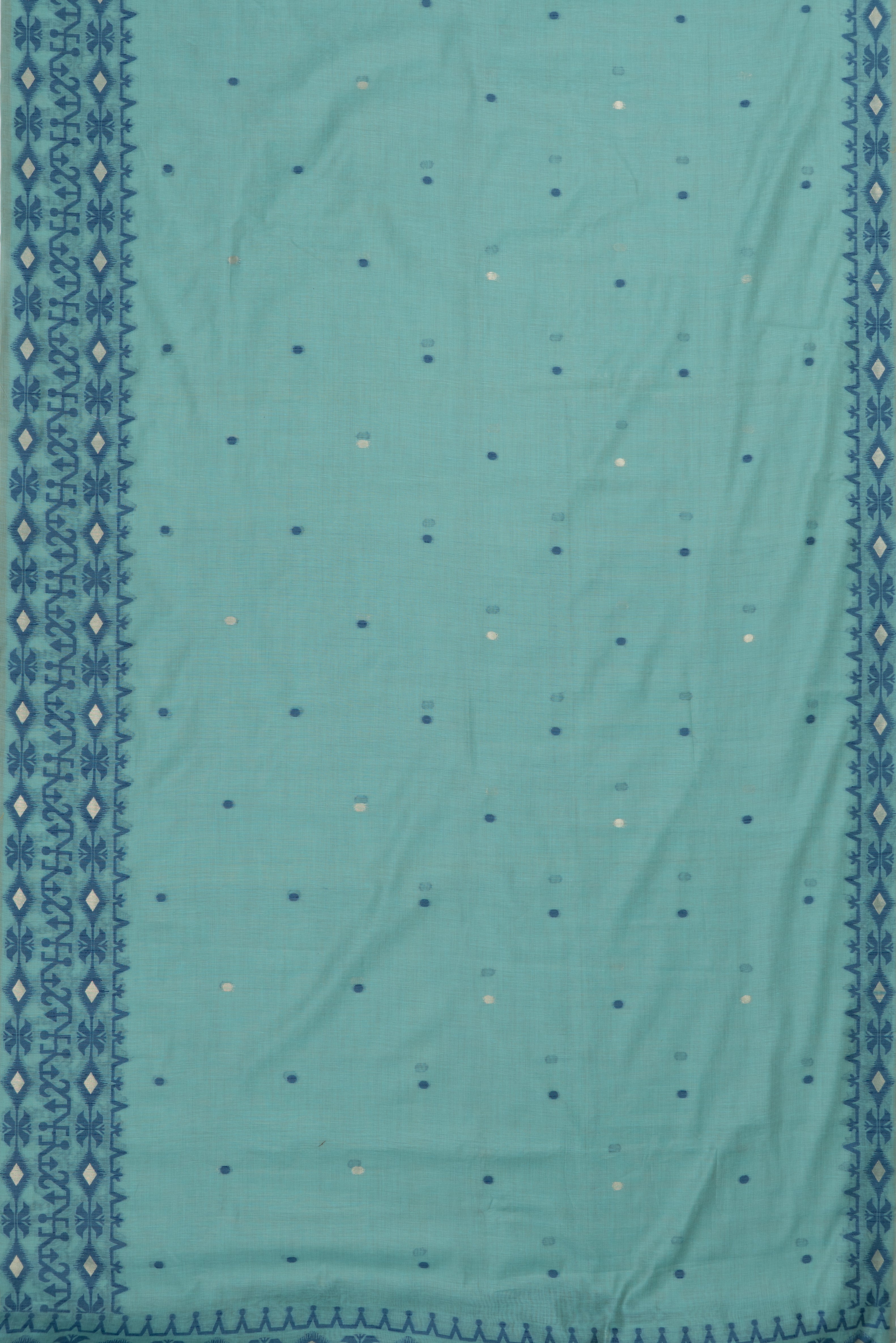 Sea Blue Pure Cotton Saree with Dark Blue Resham threadwork and contrast blouse