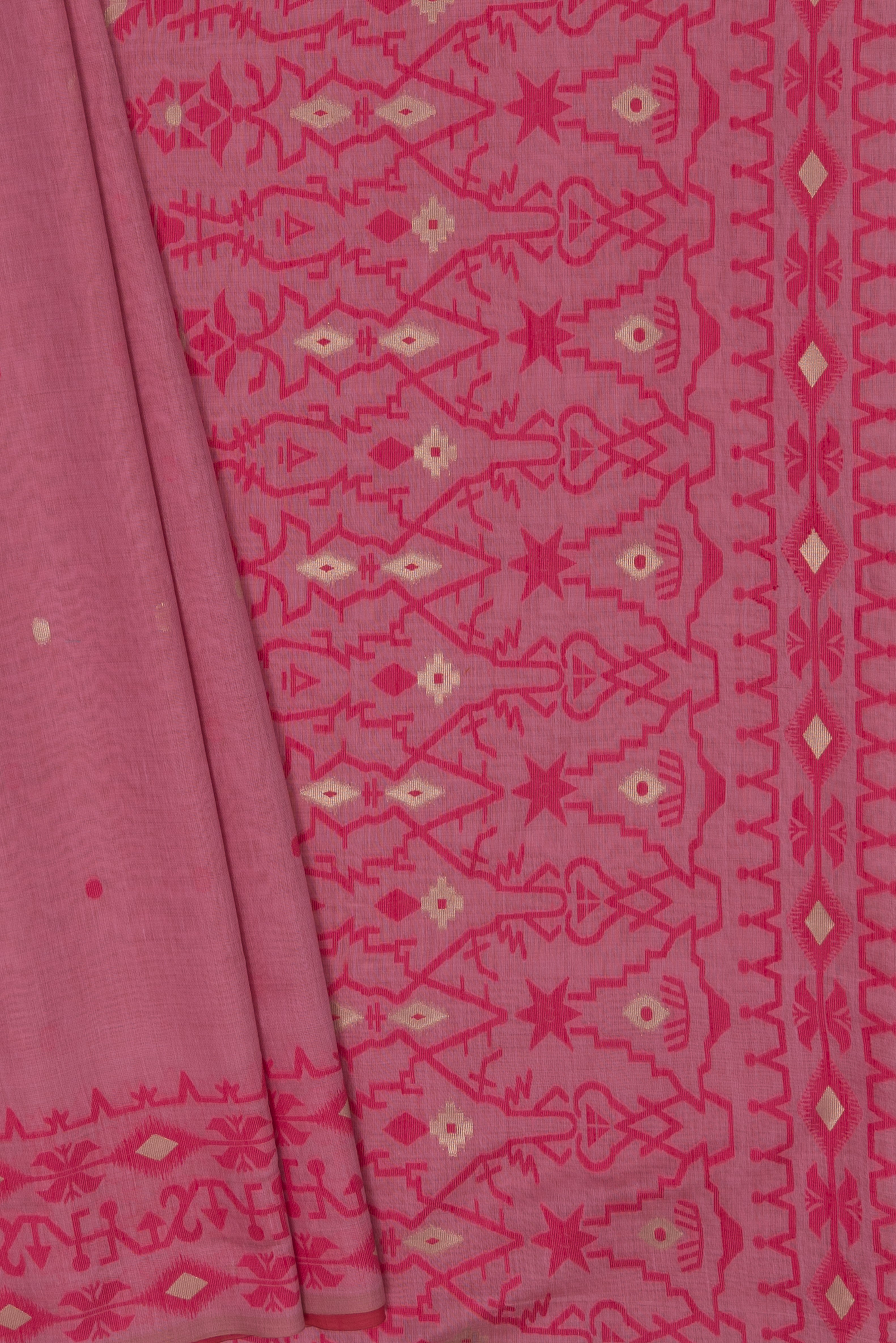 Peach Pink Pure Cotton Saree with Rani Pink Resham threadwork and contrast blouse