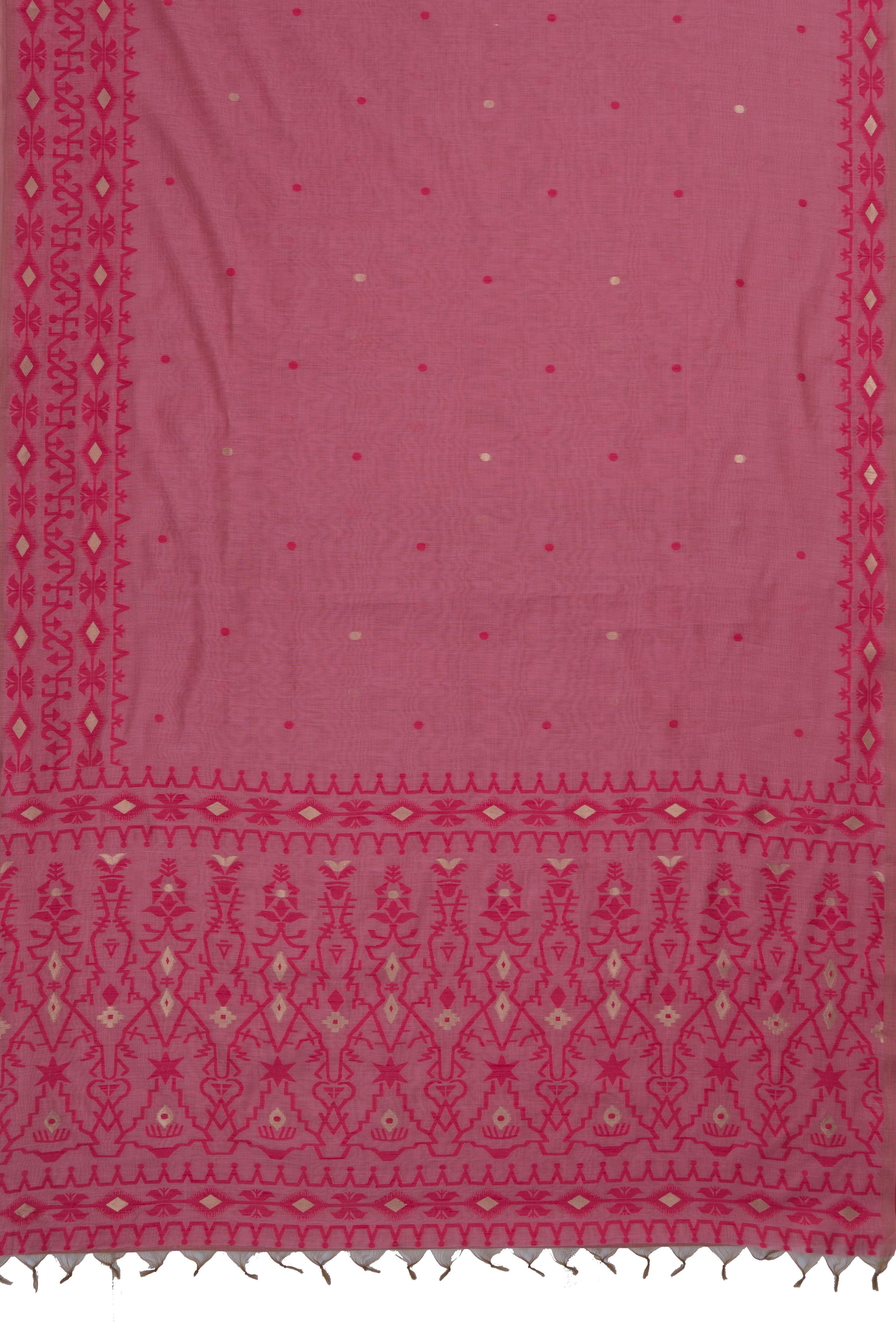 Peach Pink Pure Cotton Saree with Rani Pink Resham threadwork and contrast blouse