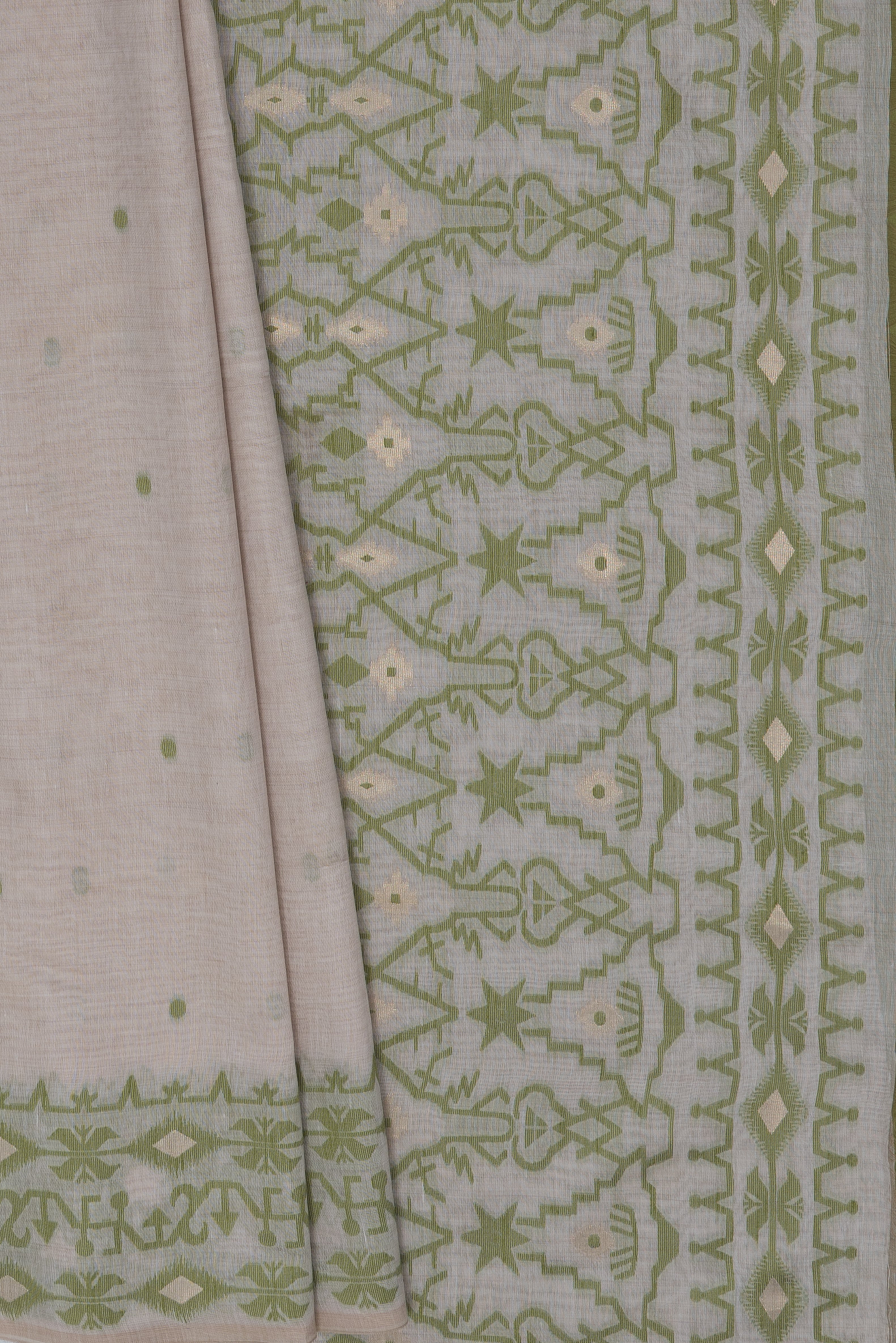 Cream Bengali Cotton Saree with Green Resham threadwork
