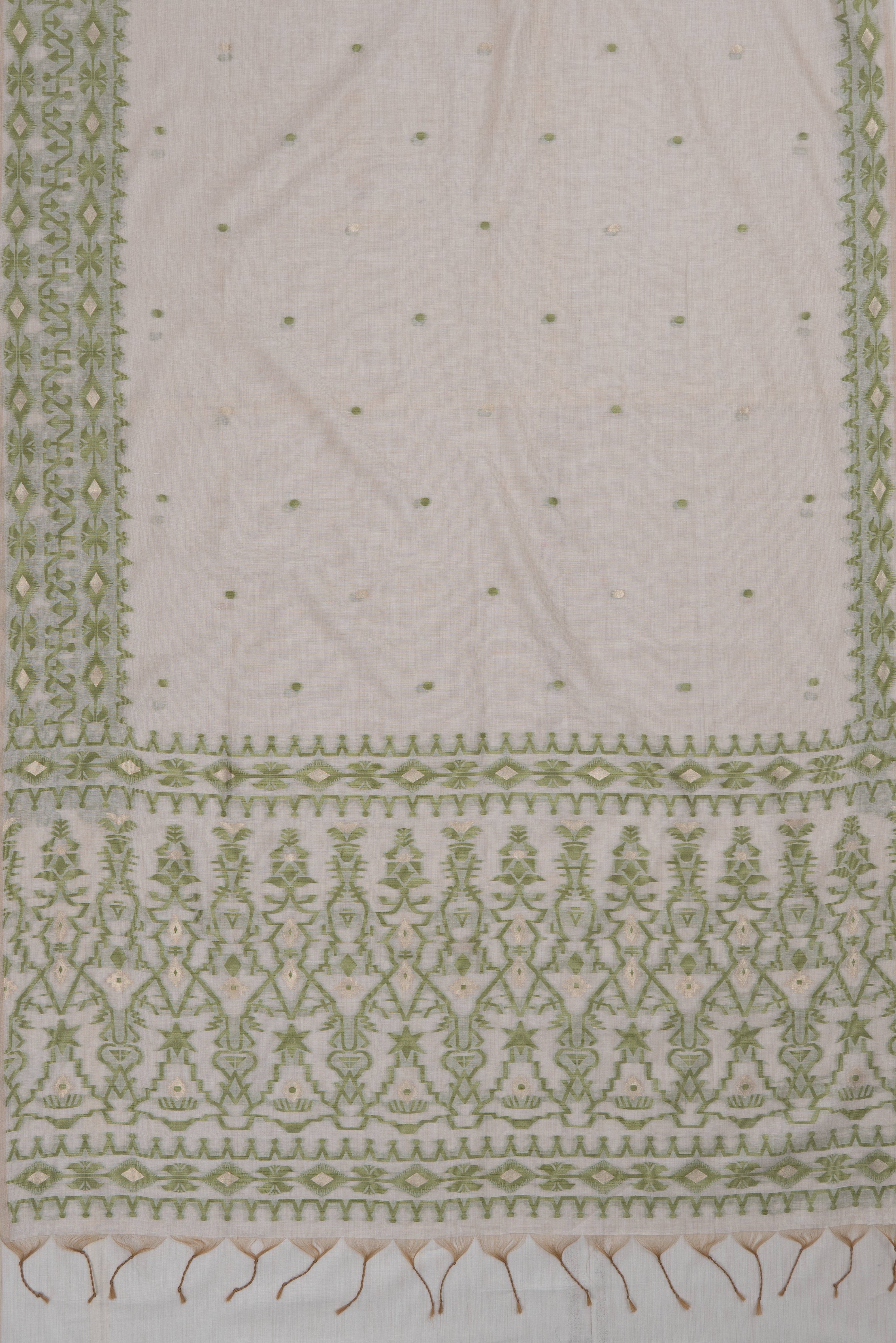 Cream Bengali Cotton Saree with Green Resham threadwork