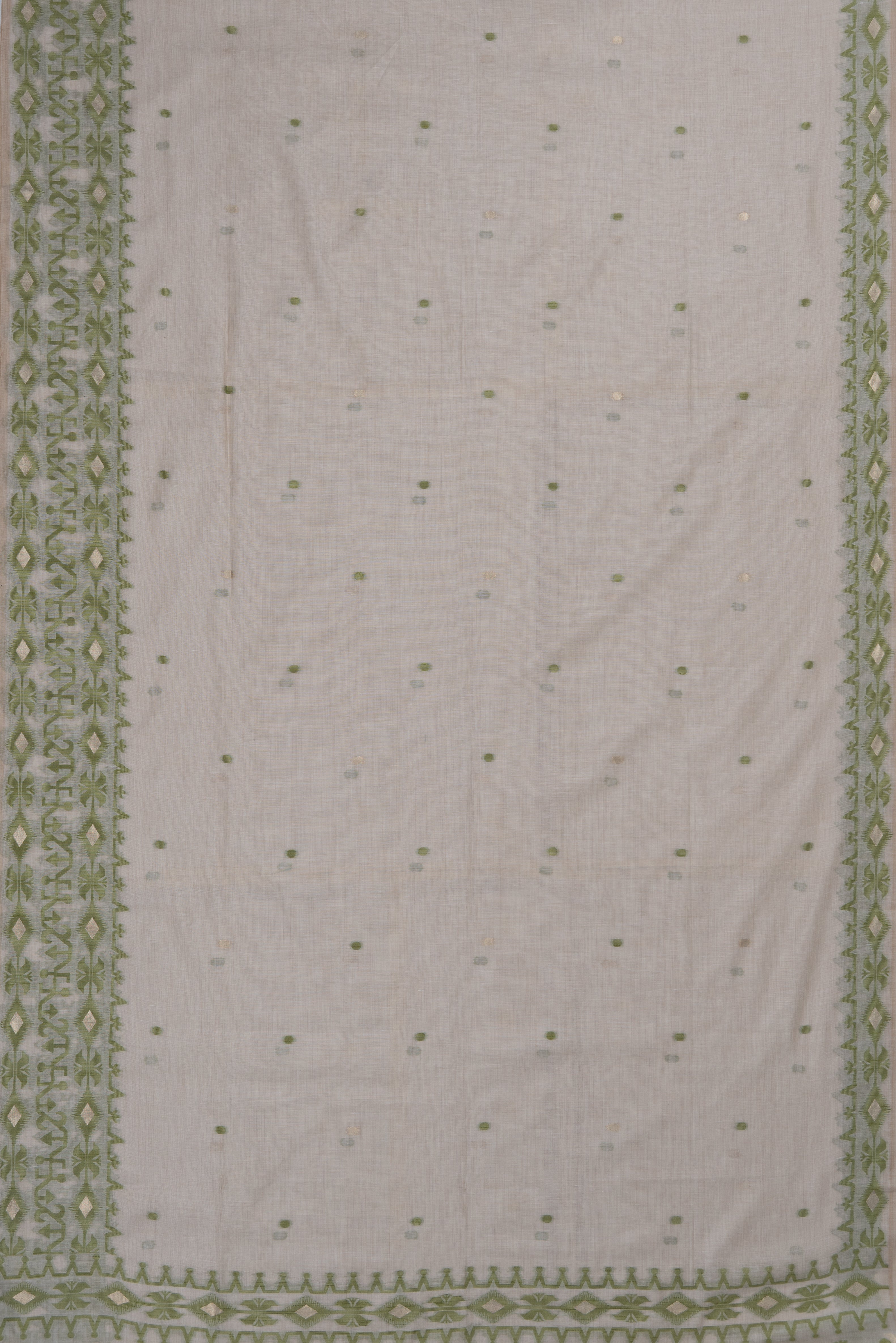 Cream Bengali Cotton Saree with Green Resham threadwork