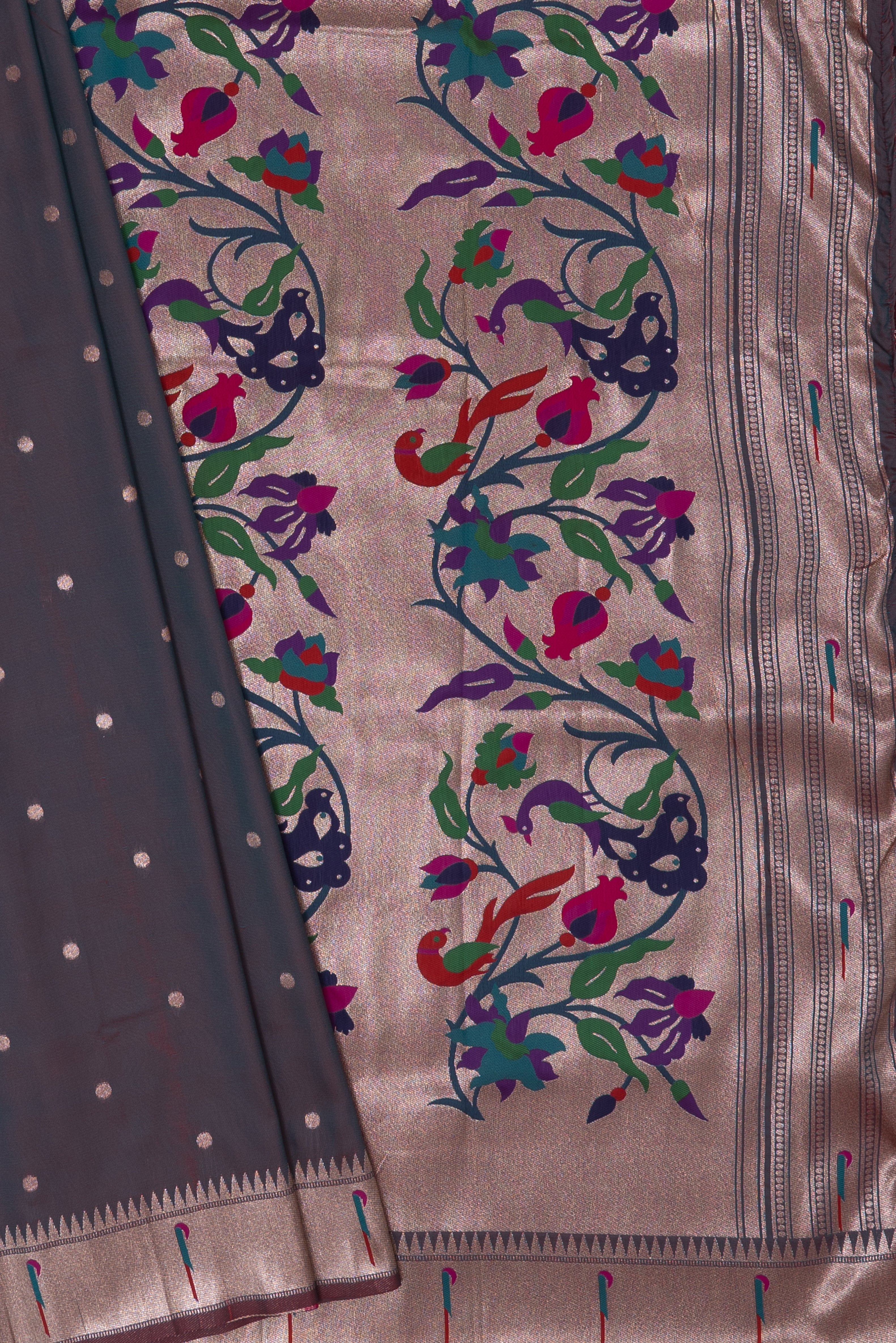 Dhoop Chaon Dusk Katan Silk Paithani Saree with Munya border, Copper Zari and Bangdi Mor Pallu