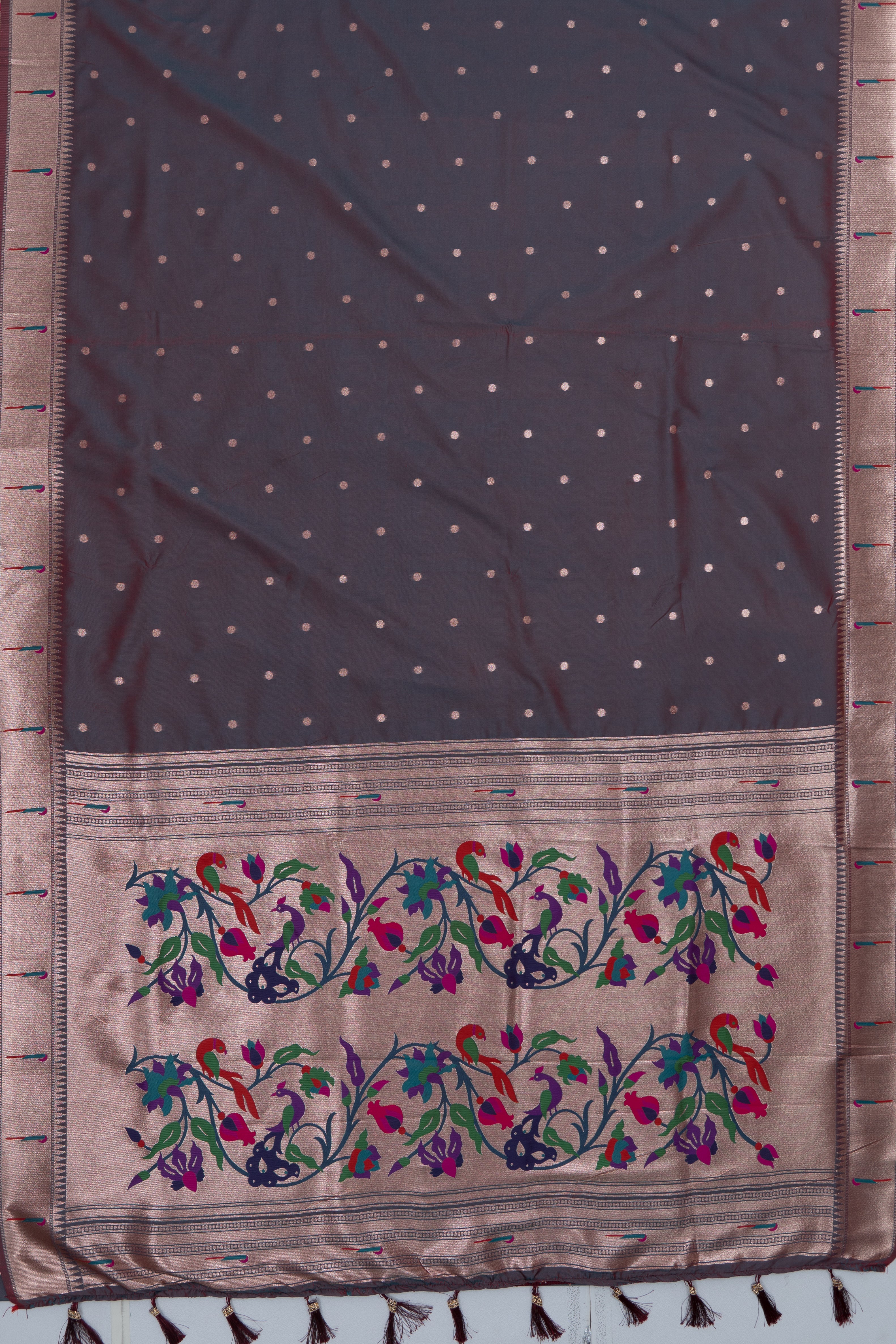 Dhoop Chaon Dusk Katan Silk Paithani Saree with Munya border, Copper Zari and Bangdi Mor Pallu