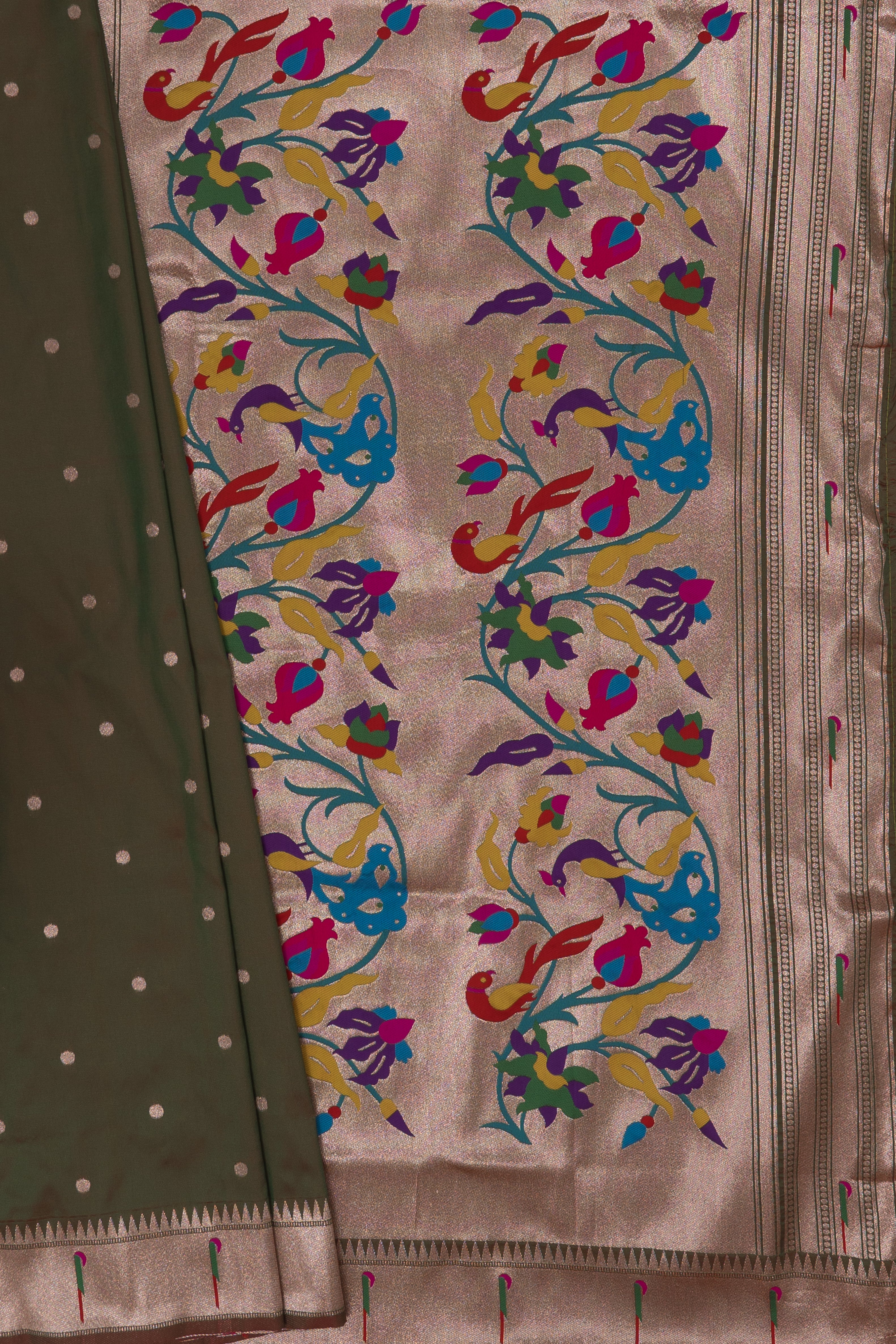 Dhoop Chaon Anjeer Green Katan Silk Paithani Saree with Munya border, Copper Zari and Bangdi Mor Pallu