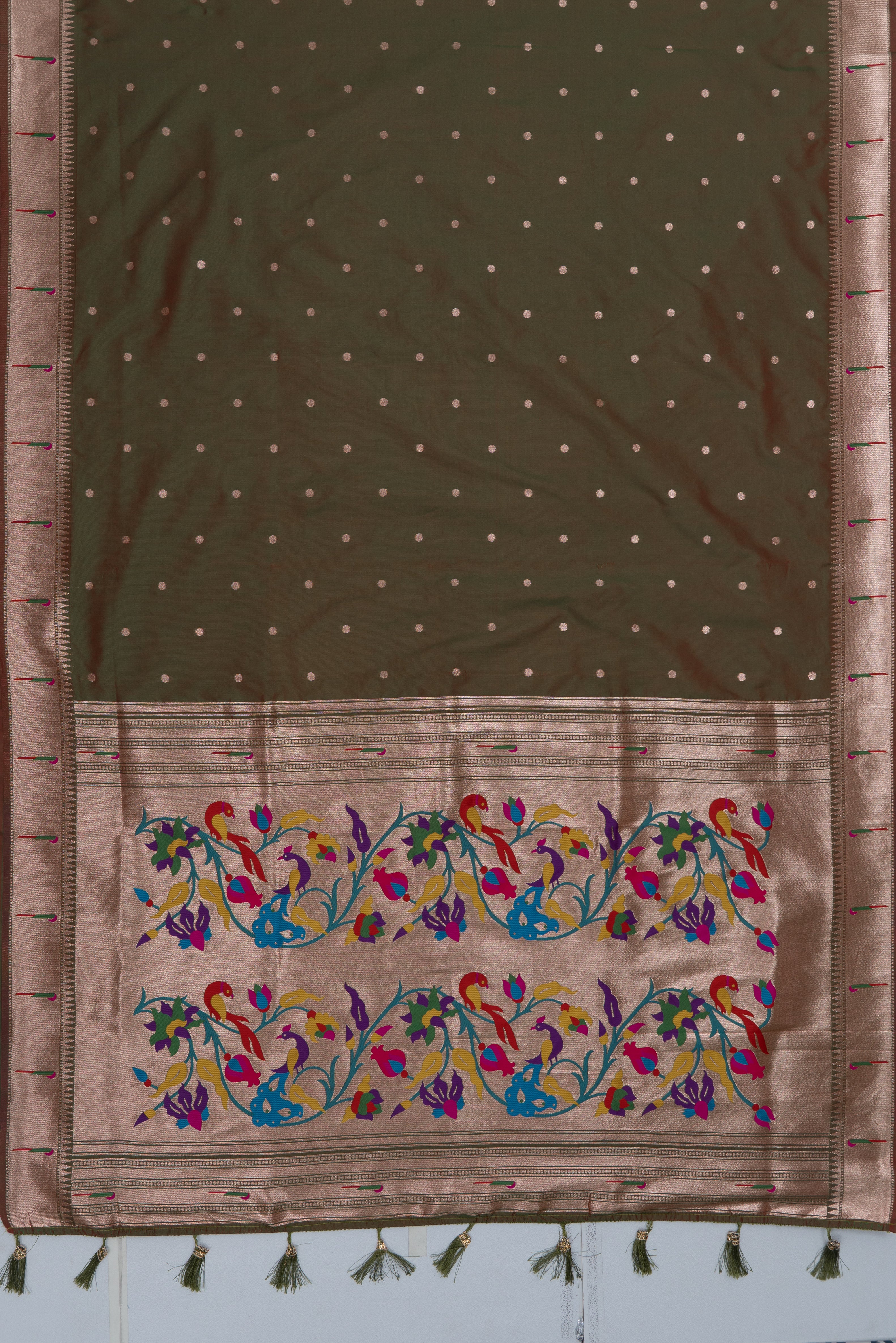 Dhoop Chaon Anjeer Green Katan Silk Paithani Saree with Munya border, Copper Zari and Bangdi Mor Pallu