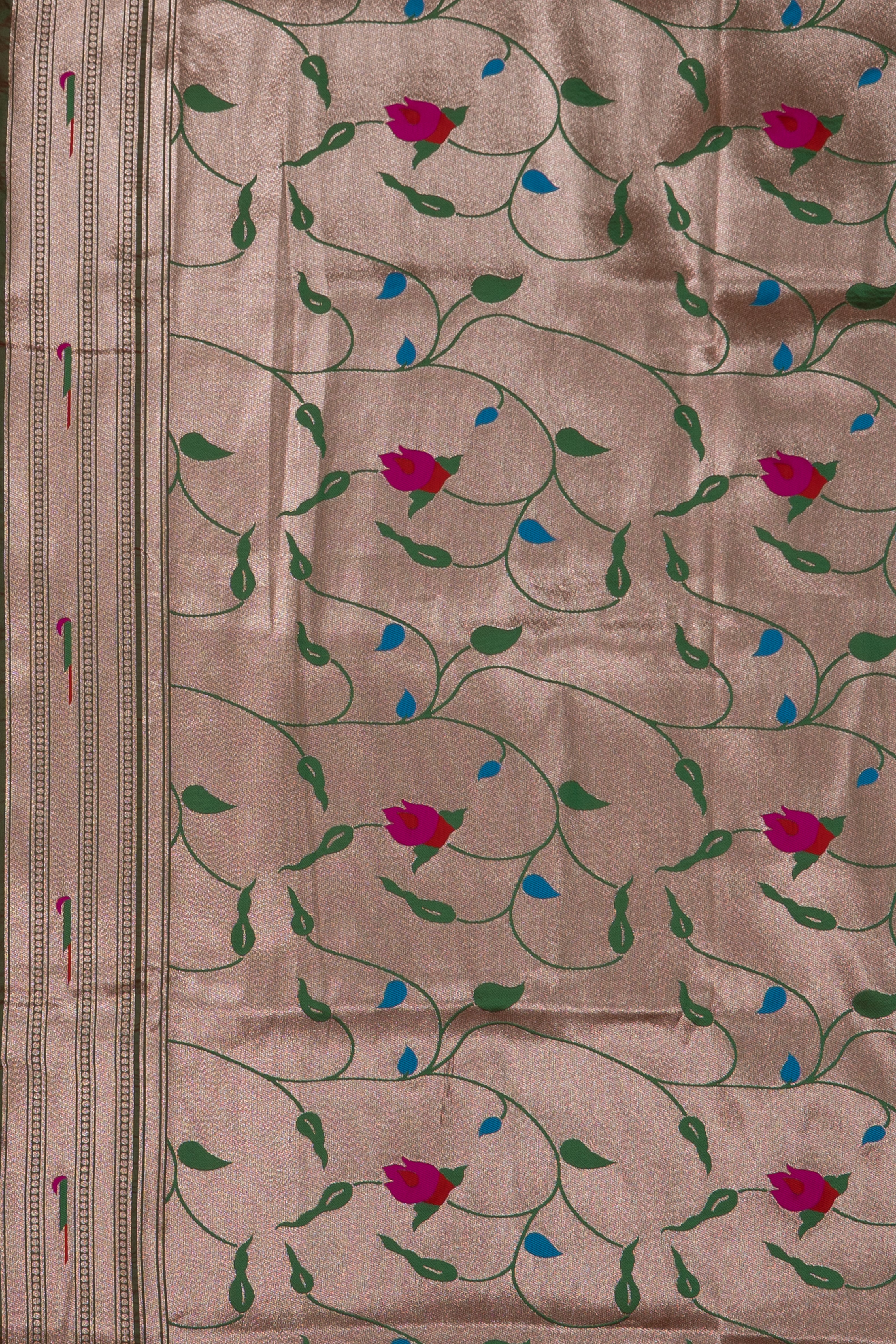 Dhoop Chaon Anjeer Green Katan Silk Paithani Saree with Munya border, Copper Zari and Bangdi Mor Pallu