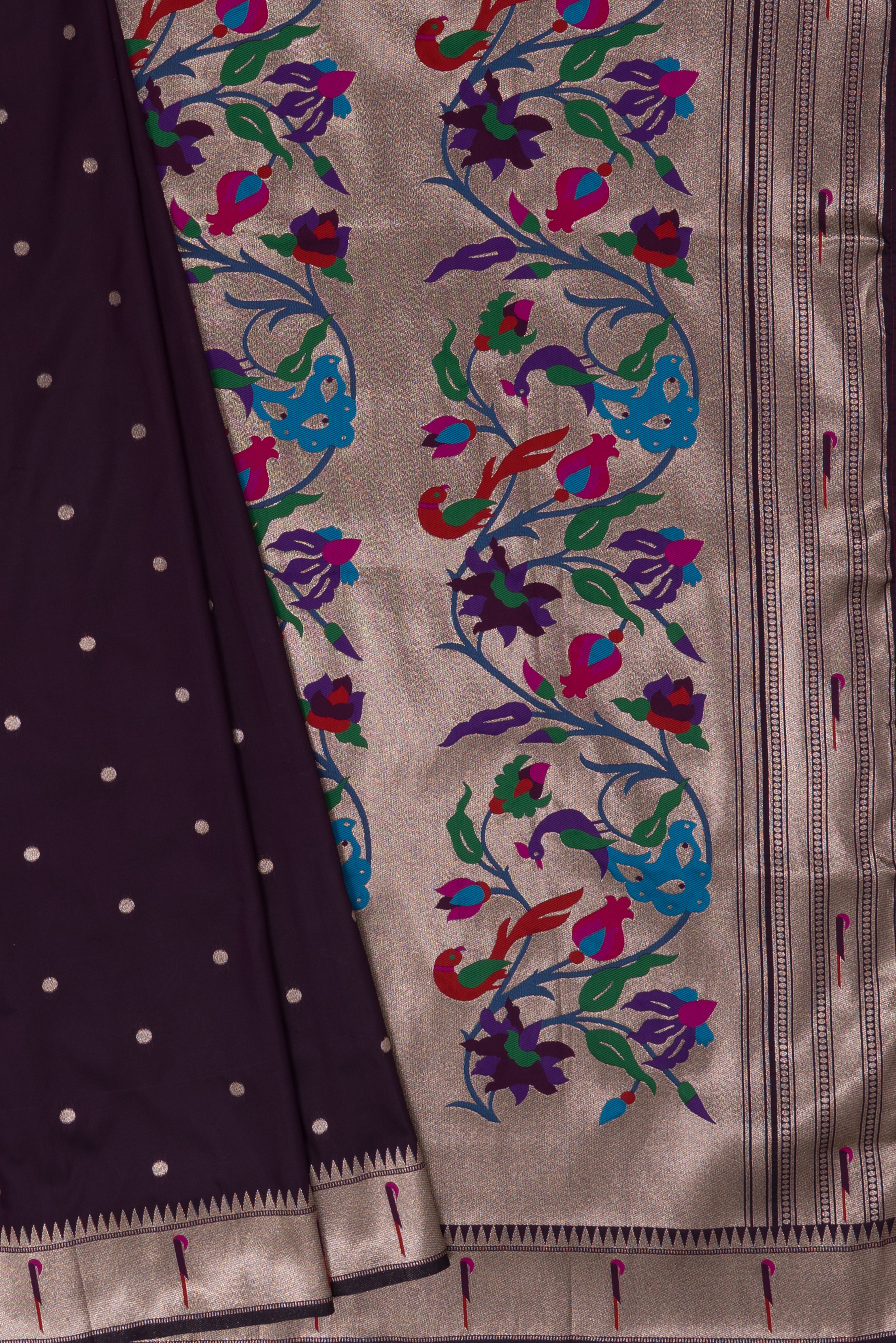 Plum Purple Katan Silk Paithani Saree with Munya border, Copper Zari and Bangdi Mor Pallu