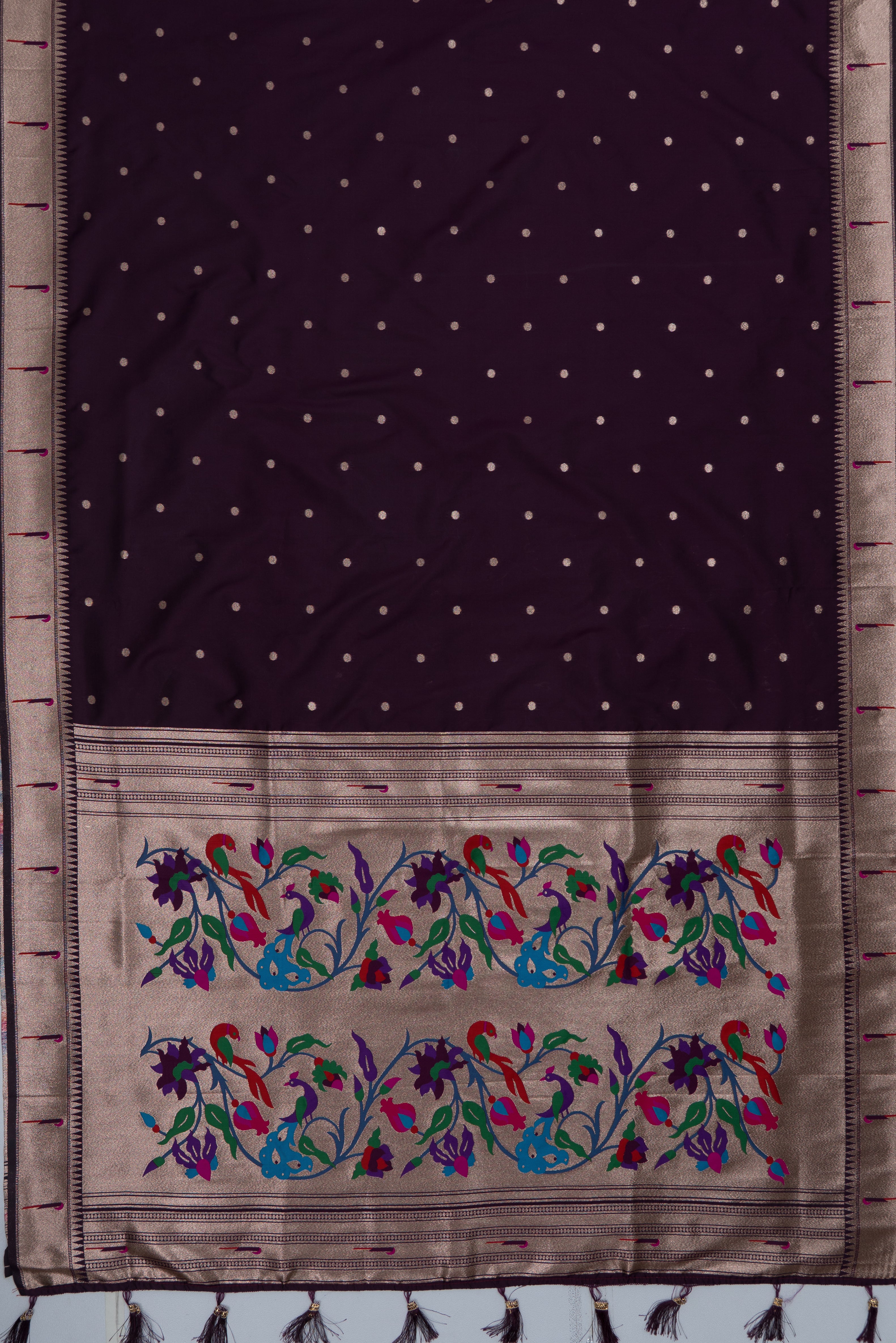 Plum Purple Katan Silk Paithani Saree with Munya border, Copper Zari and Bangdi Mor Pallu