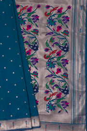 Peacock Blue Katan Silk Paithani Saree with Munya border, Copper Zari and Bangdi Mor Pallu