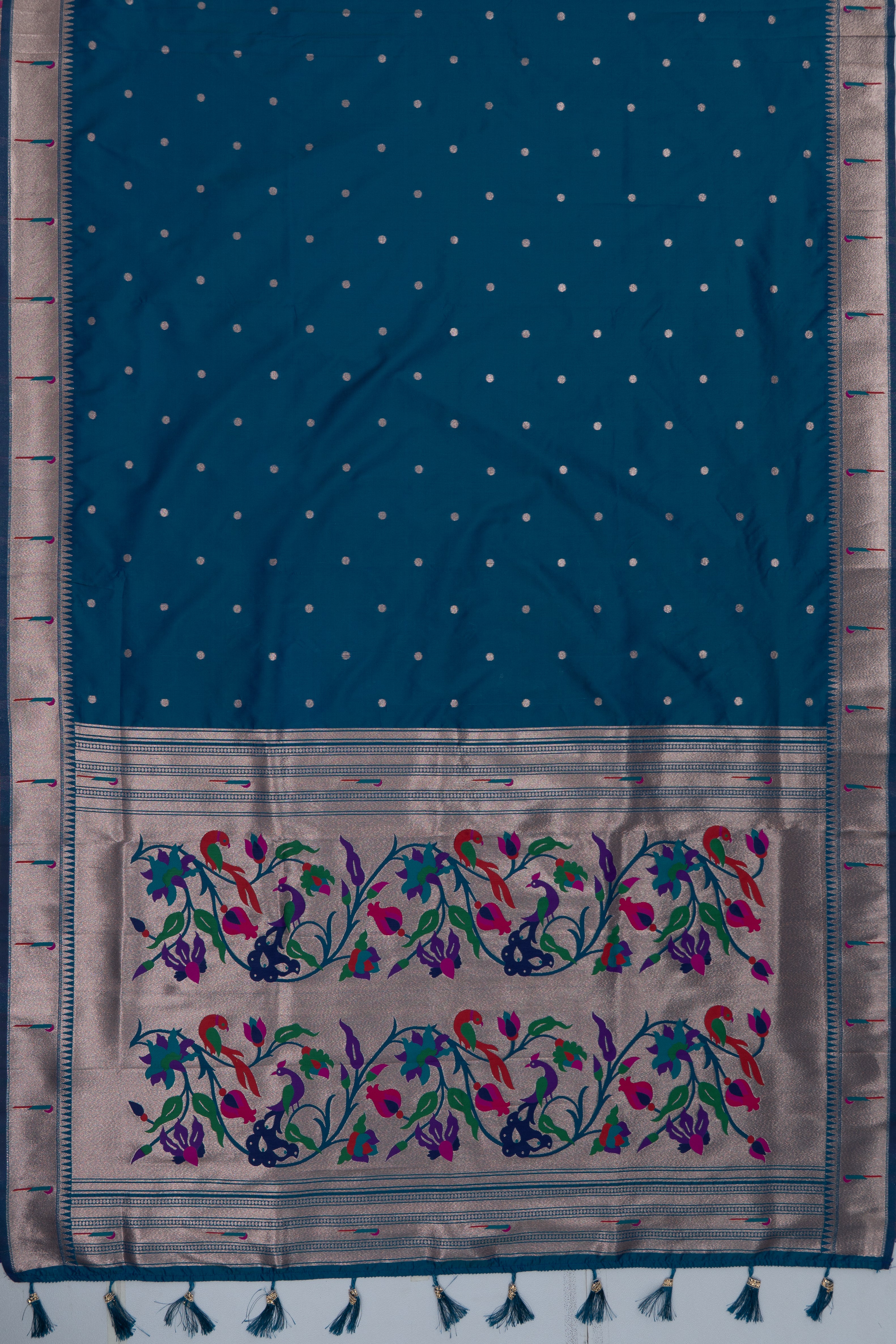 Peacock Blue Katan Silk Paithani Saree with Munya border, Copper Zari and Bangdi Mor Pallu