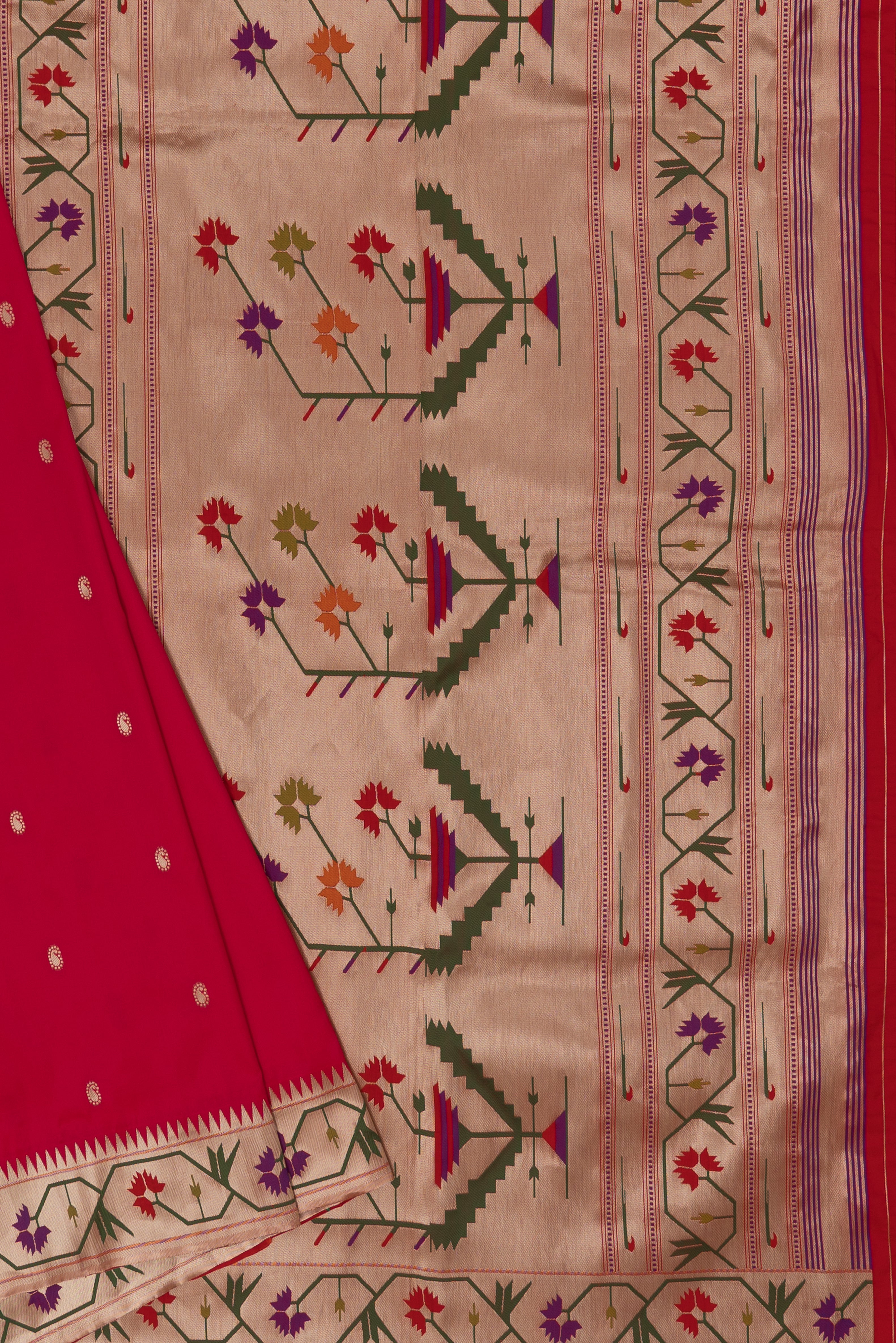 Carrot Pink Katan Silk Paithani Saree with Asawali border, Keri butti and contrast Red blouse