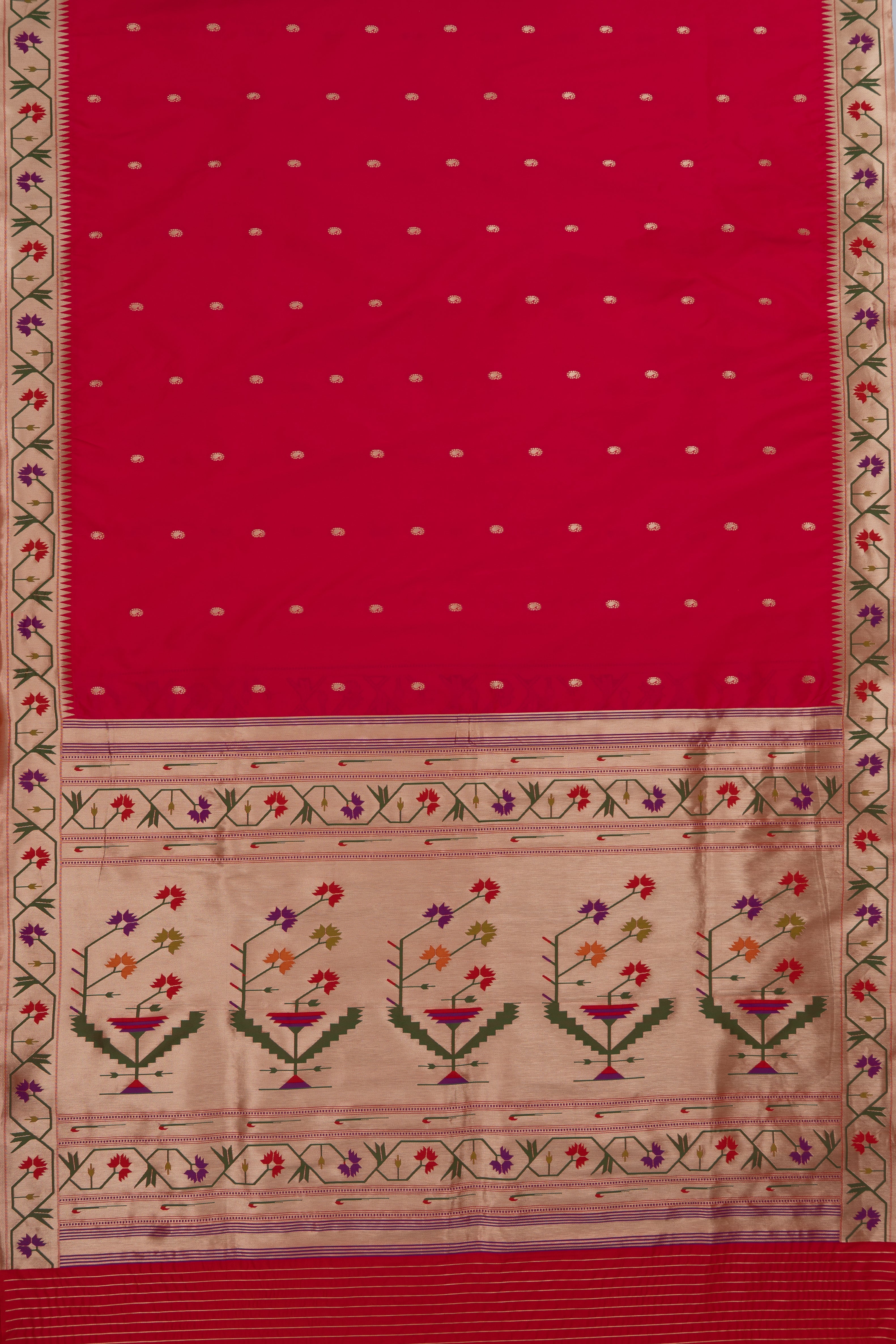 Carrot Pink Katan Silk Paithani Saree with Asawali border, Keri butti and contrast Red blouse