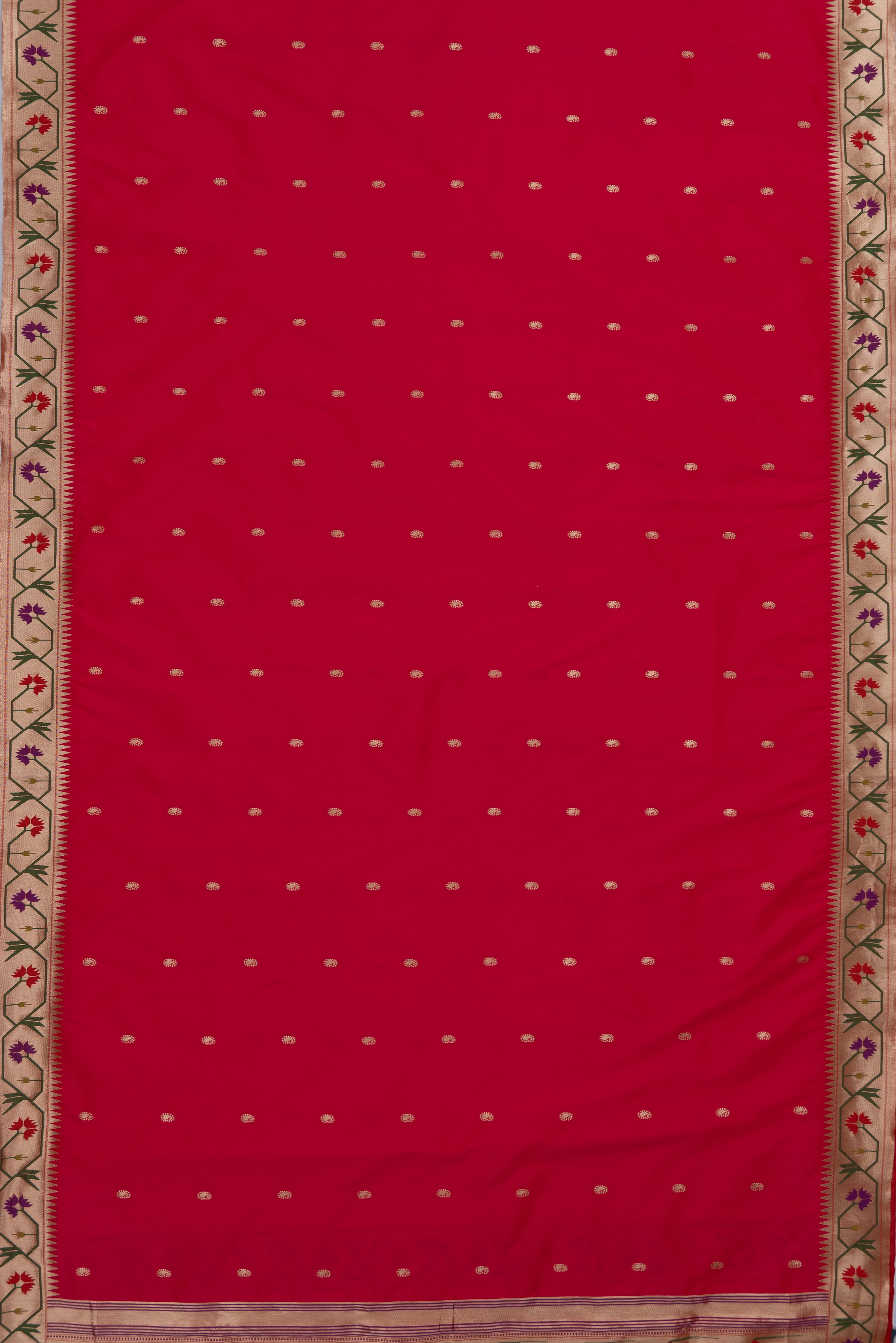 Carrot Pink Katan Silk Paithani Saree with Asawali border, Keri butti and contrast Red blouse