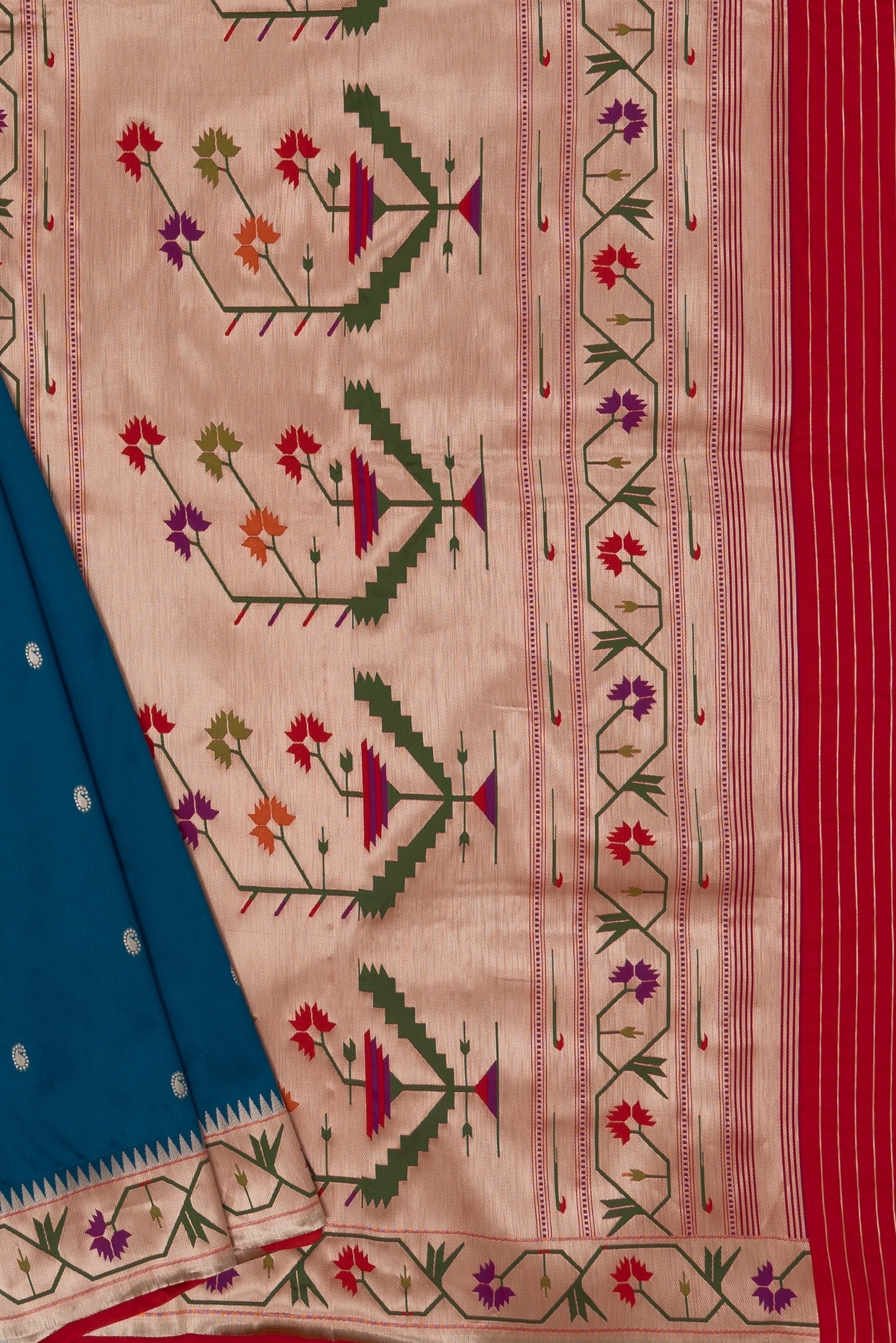 Morpankhi Blue Katan Silk Paithani Saree with Asawali border, Keri butti and contrast Red blouse