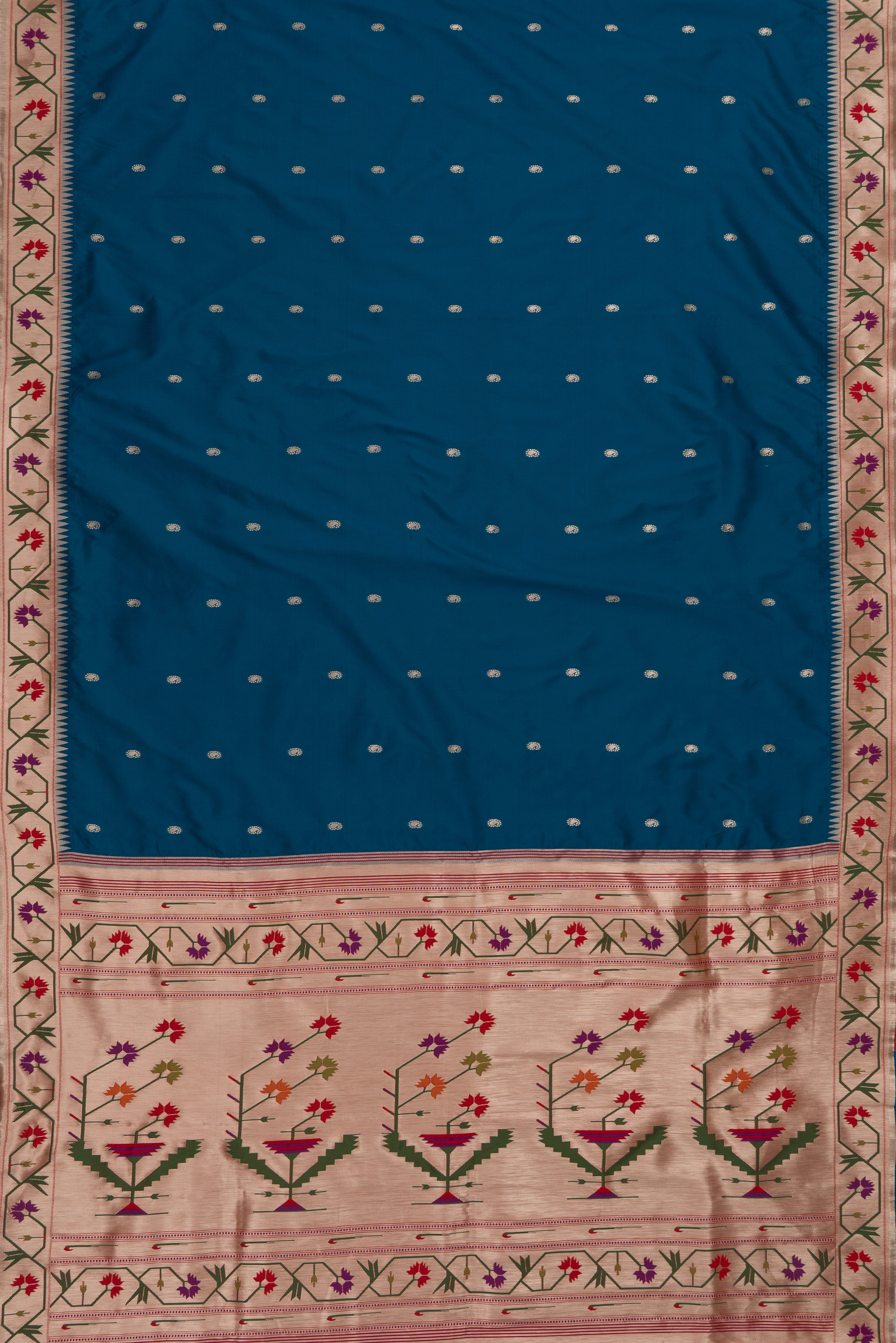 Morpankhi Blue Katan Silk Paithani Saree with Asawali border, Keri butti and contrast Red blouse