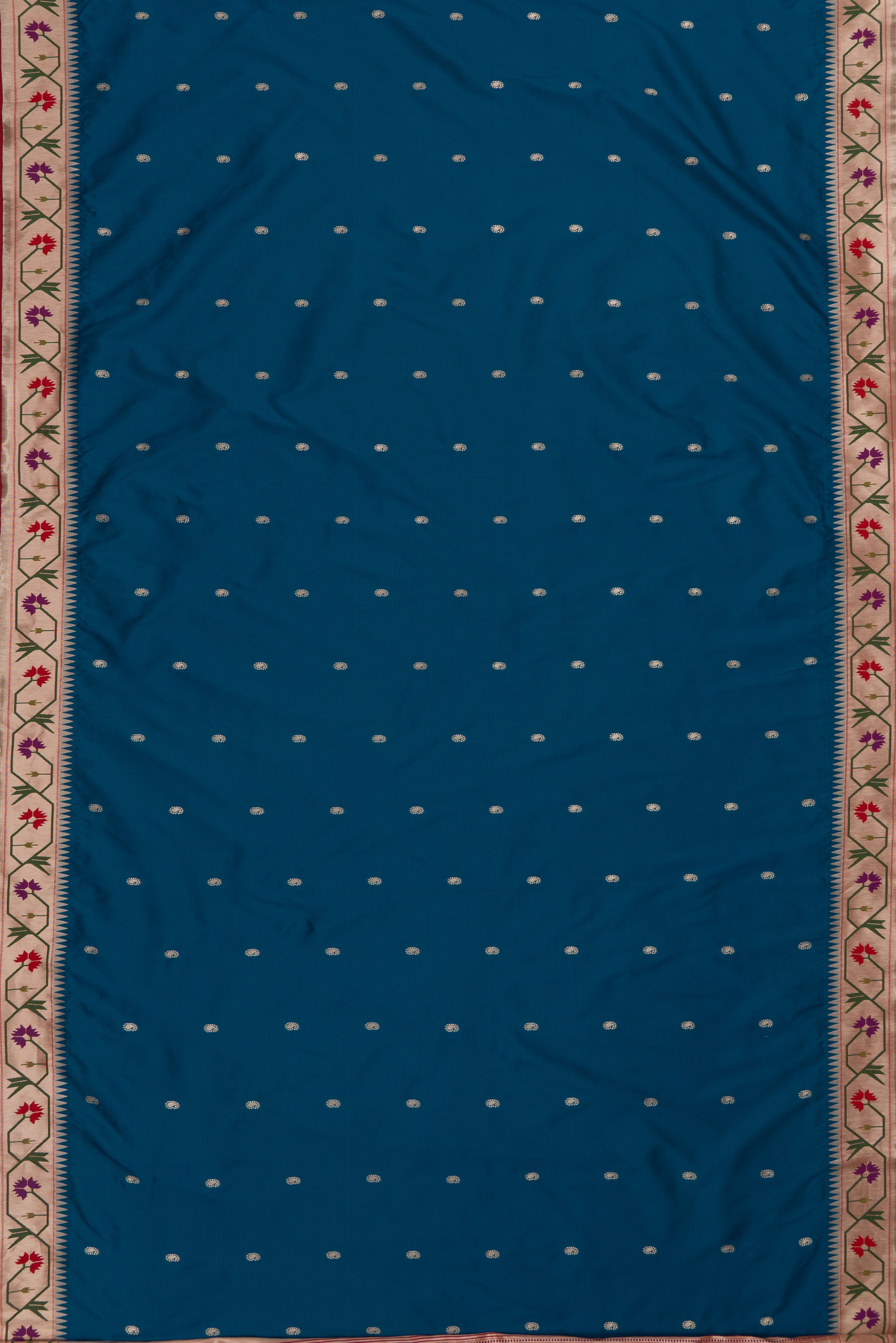Morpankhi Blue Katan Silk Paithani Saree with Asawali border, Keri butti and contrast Red blouse