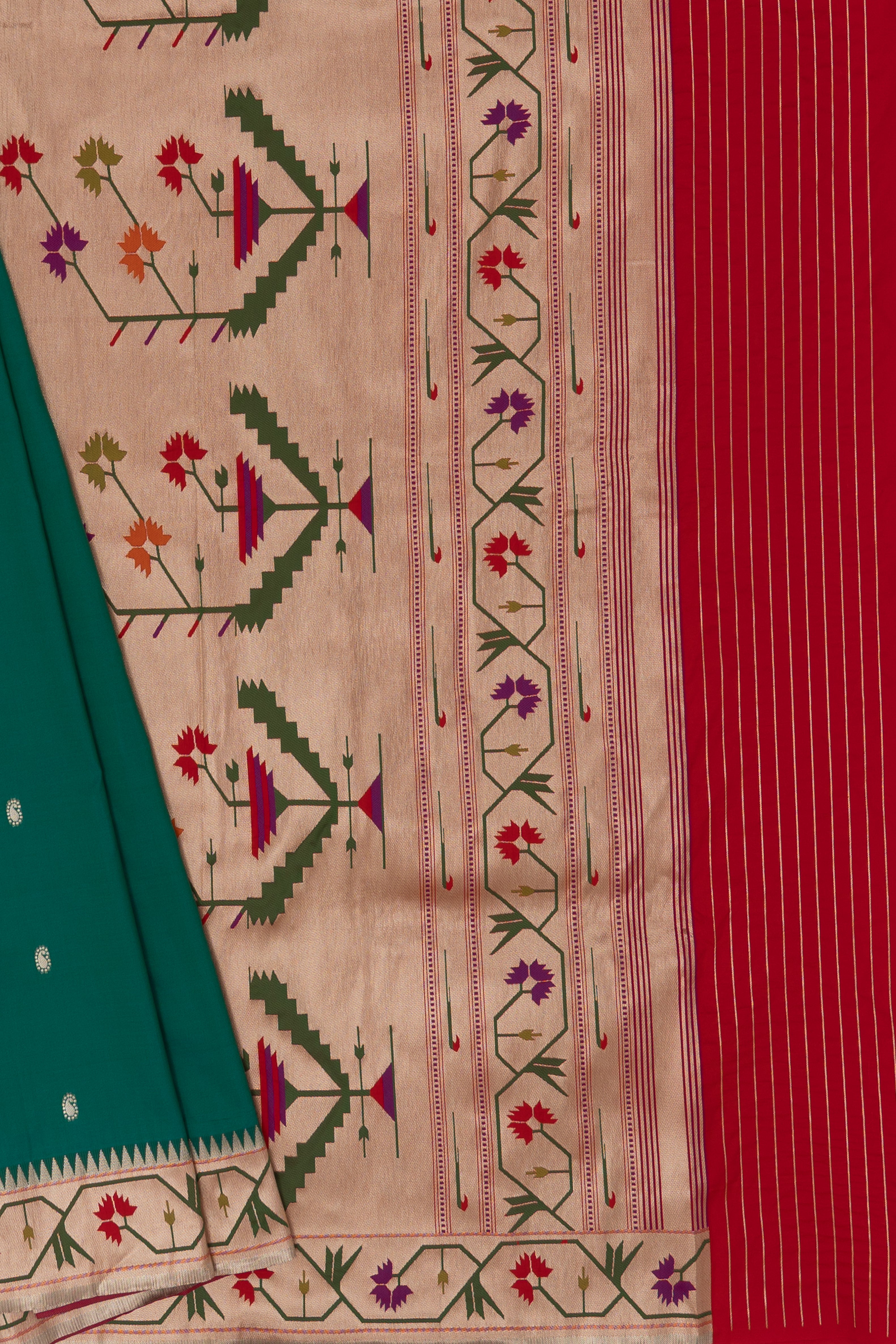 Rama Green Katan Silk Paithani Saree with Asawali border, Keri butti and contrast Red blouse