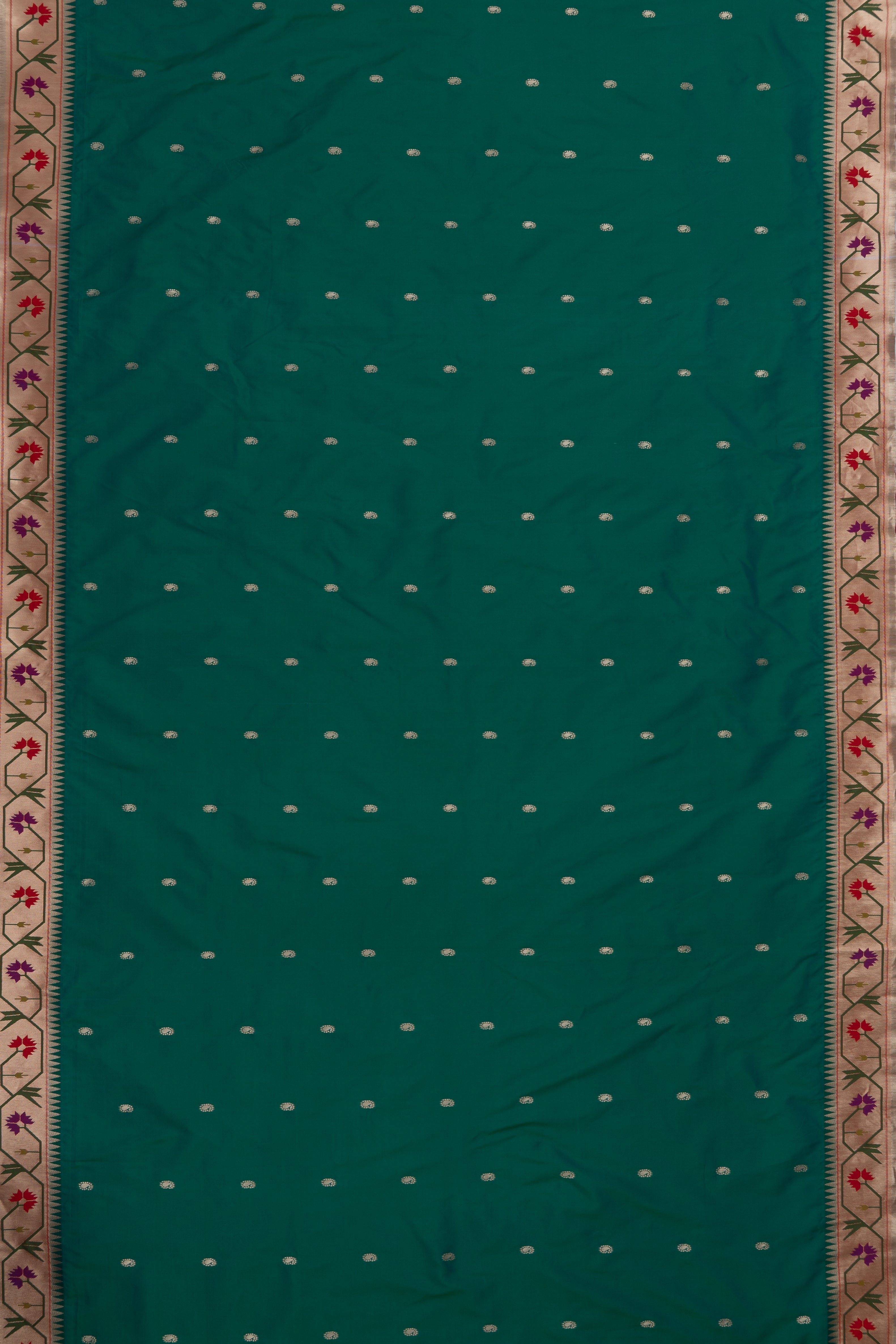Rama Green Katan Silk Paithani Saree with Asawali border, Keri butti and contrast Red blouse
