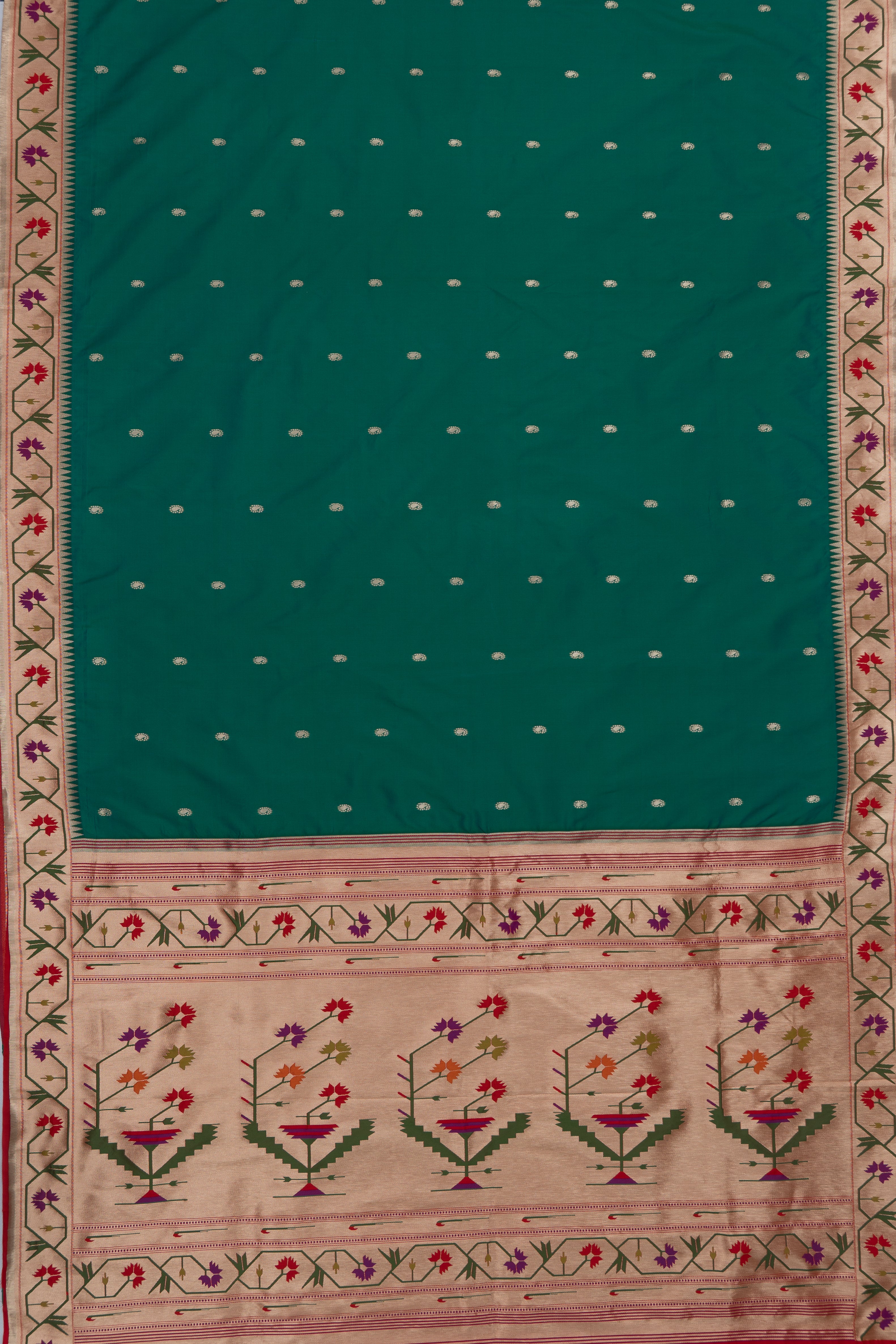 Rama Green Katan Silk Paithani Saree with Asawali border, Keri butti and contrast Red blouse