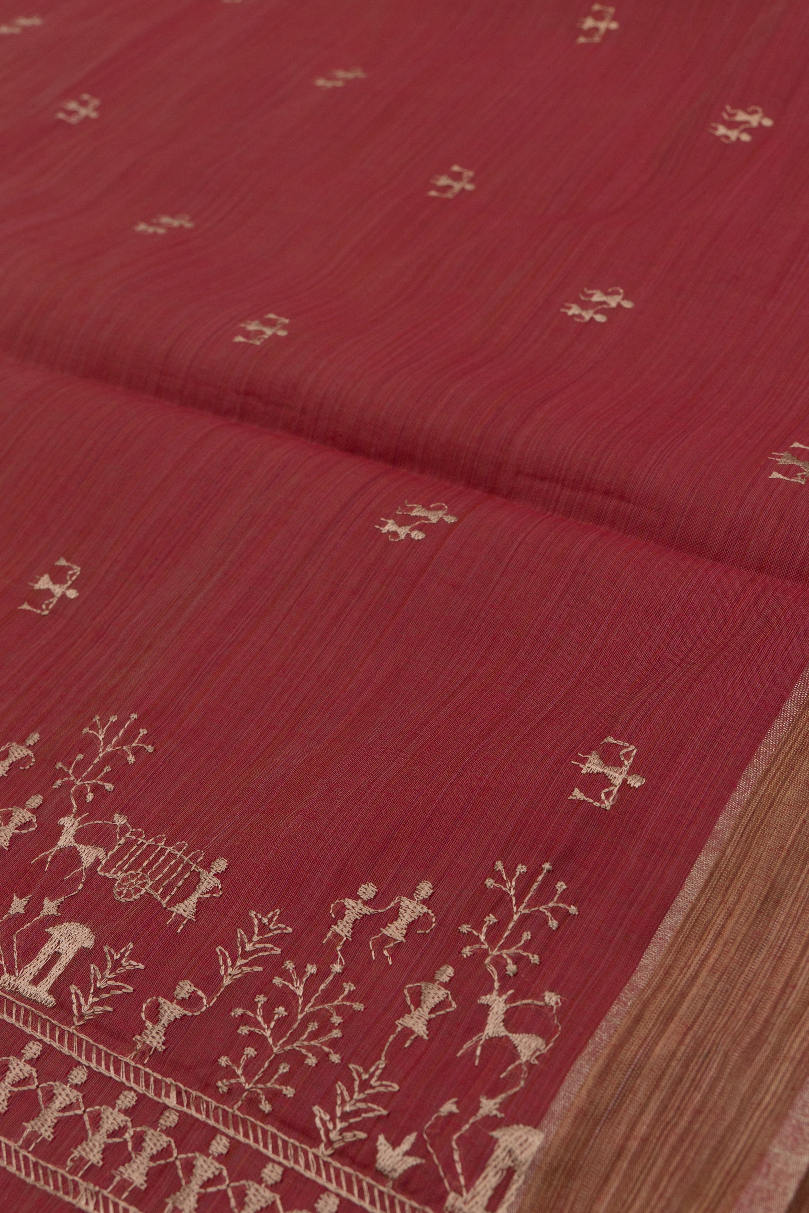 Rose Cotton Saree with Warli Threadwork