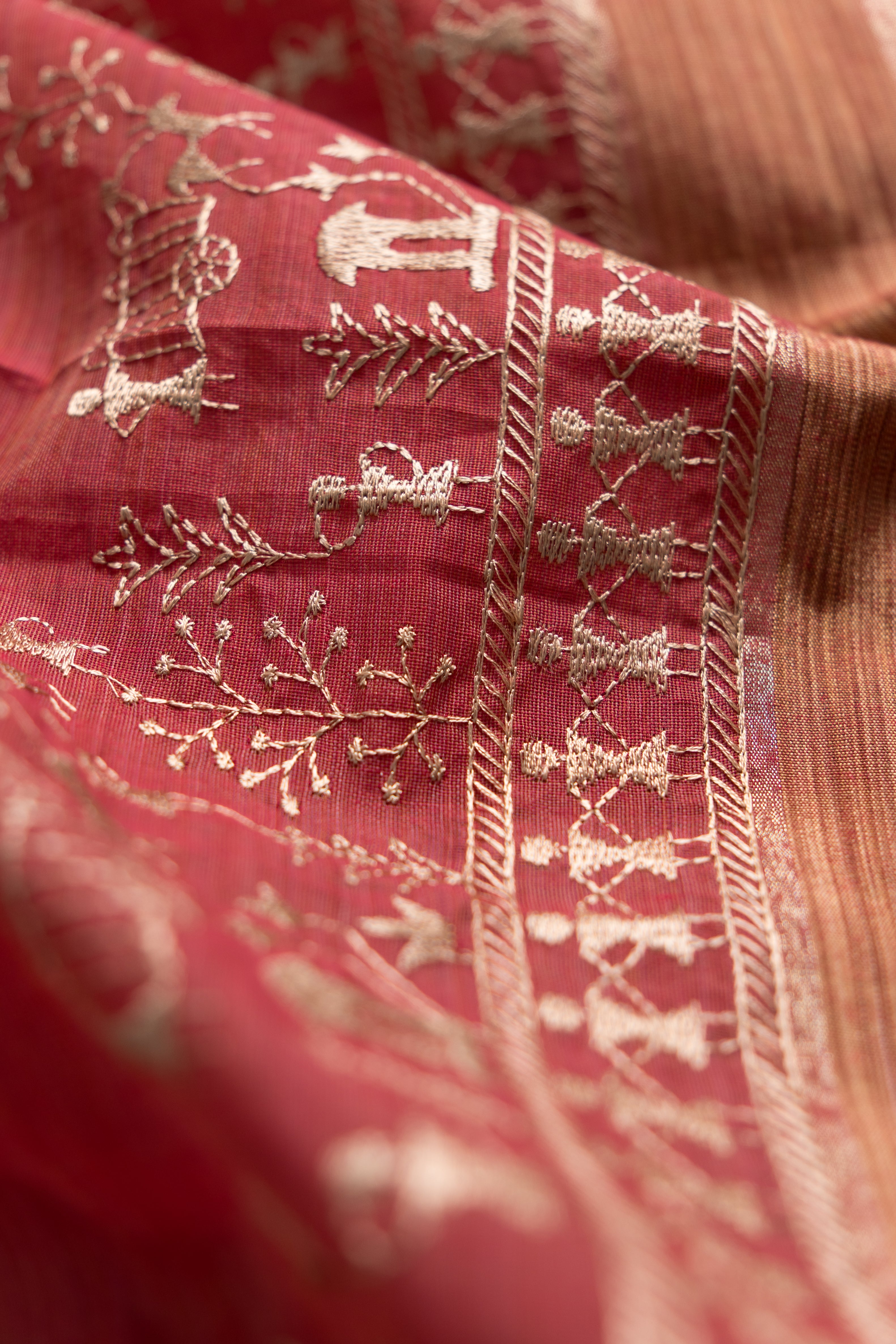 Rose Cotton Saree with Warli Threadwork