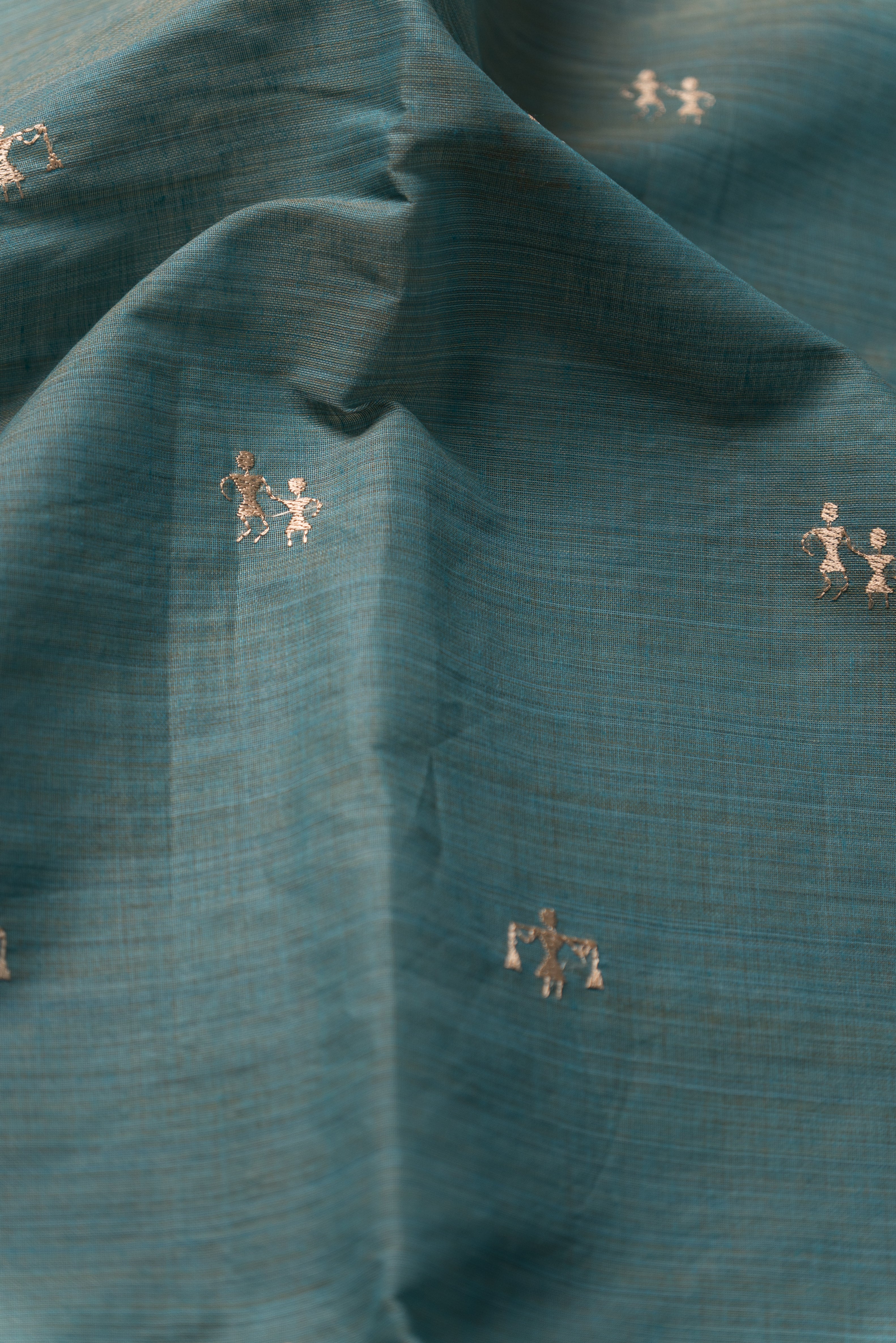 Teal Green Cotton Saree with Resham Warli threadwork