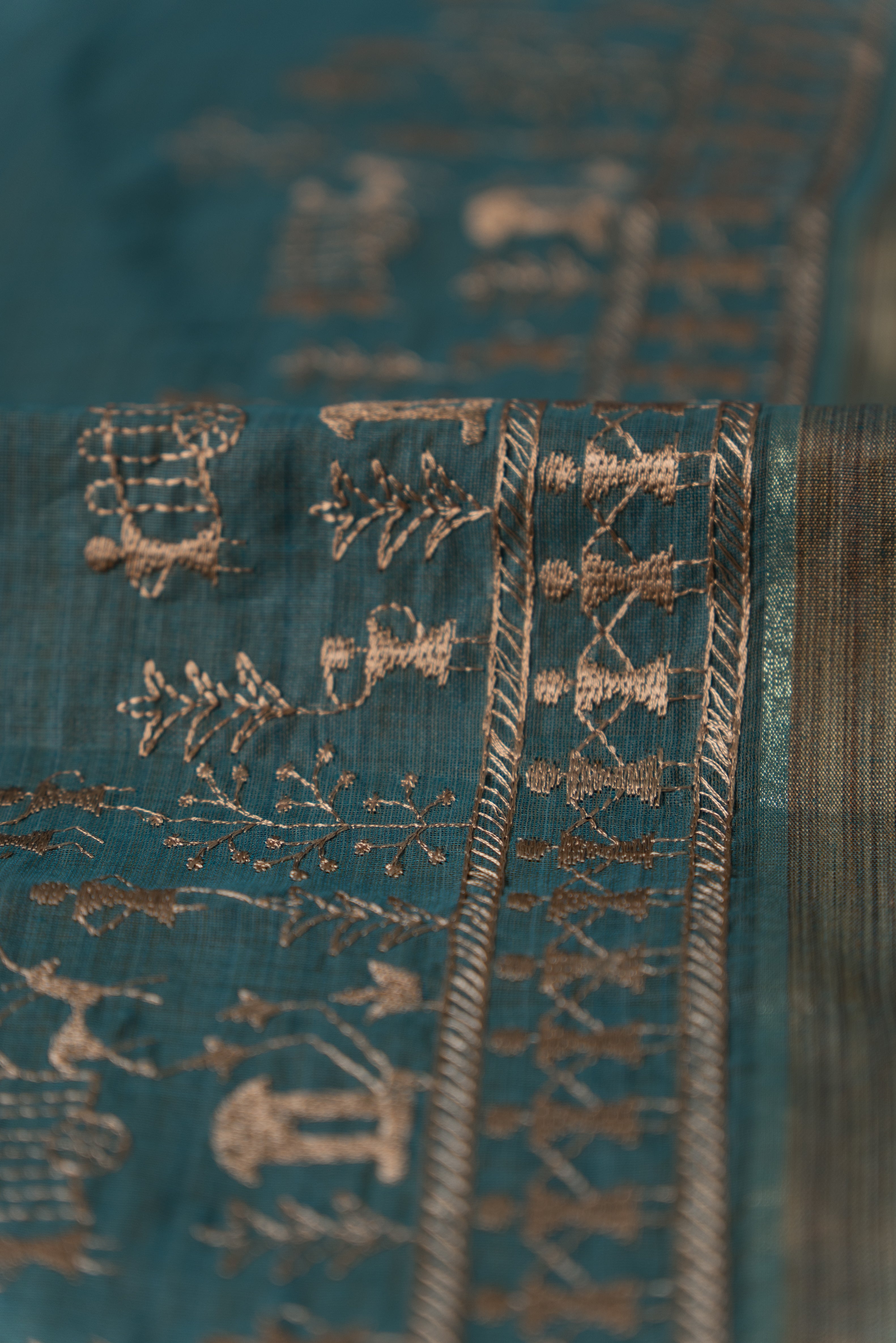 Teal Green Cotton Saree with Resham Warli threadwork