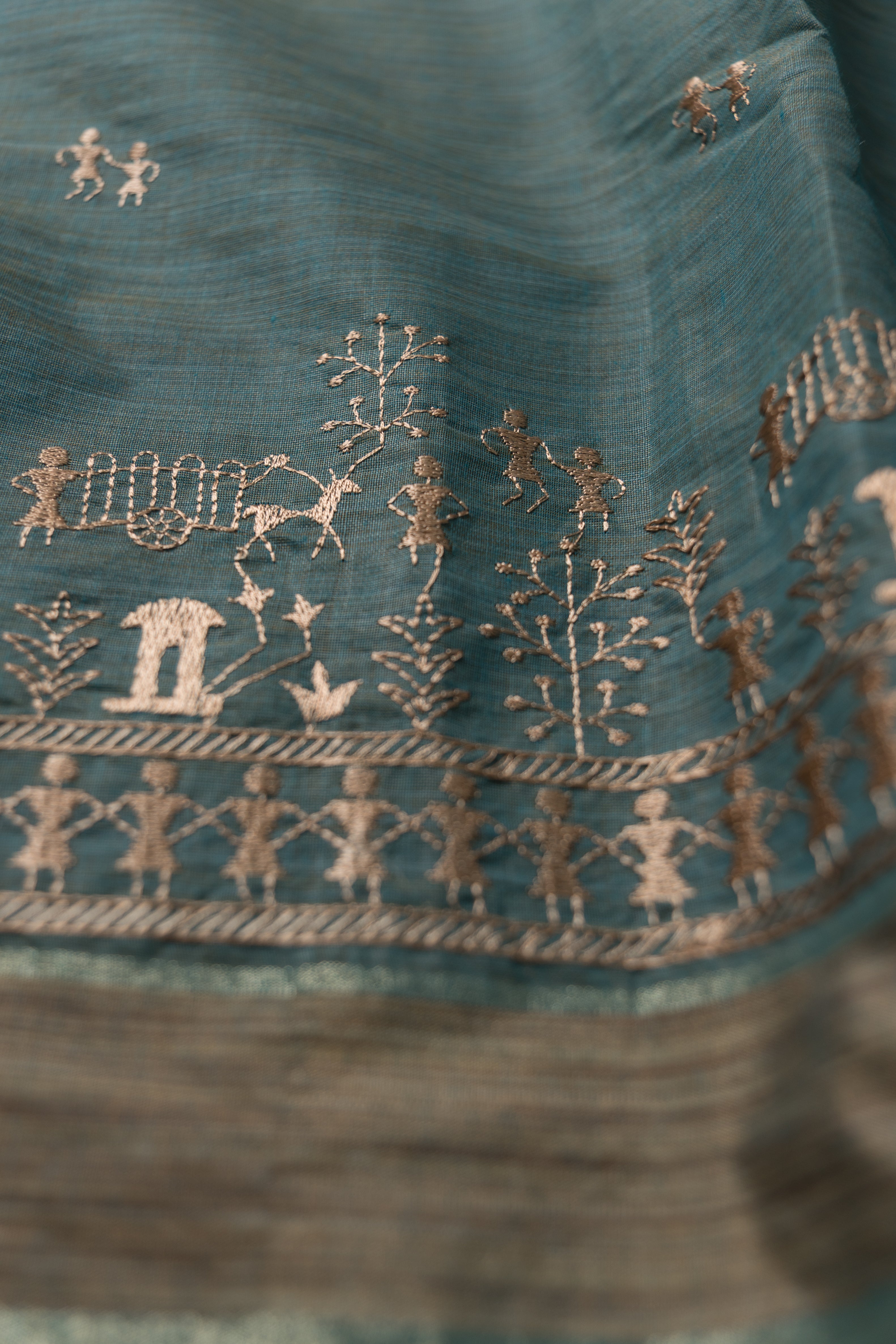 Teal Green Cotton Saree with Resham Warli threadwork