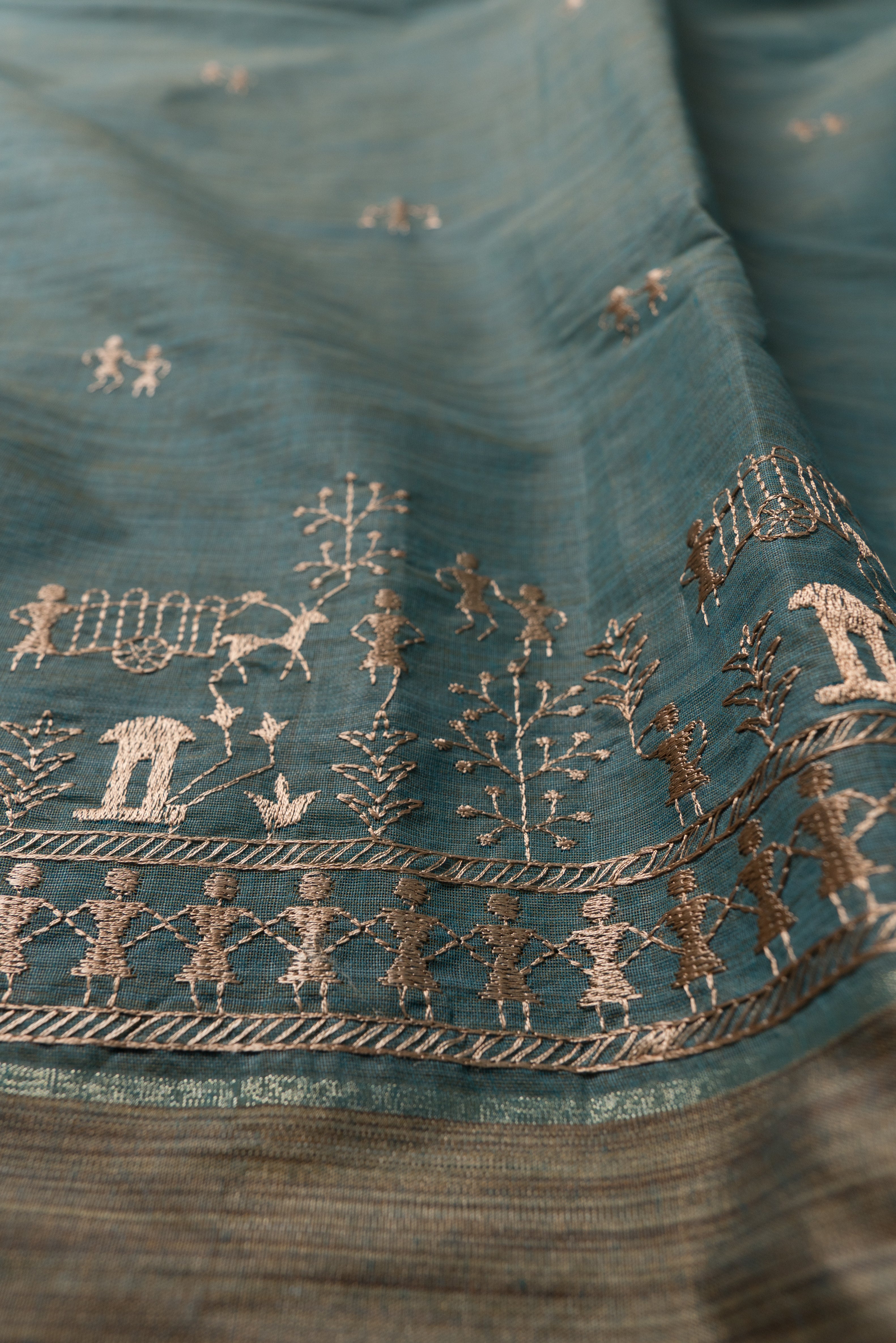 Teal Green Cotton Saree with Resham Warli threadwork