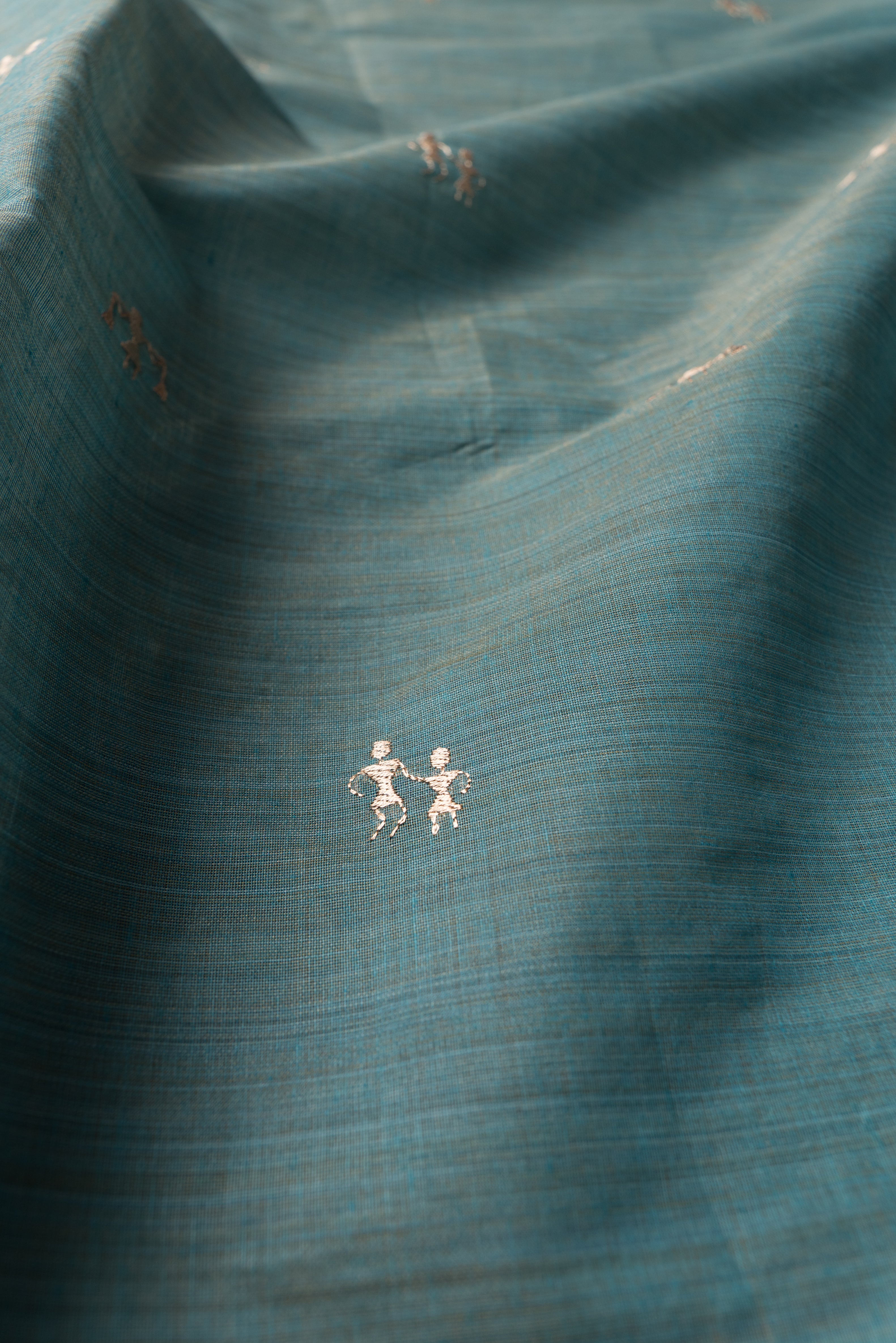 Teal Green Cotton Saree with Resham Warli threadwork