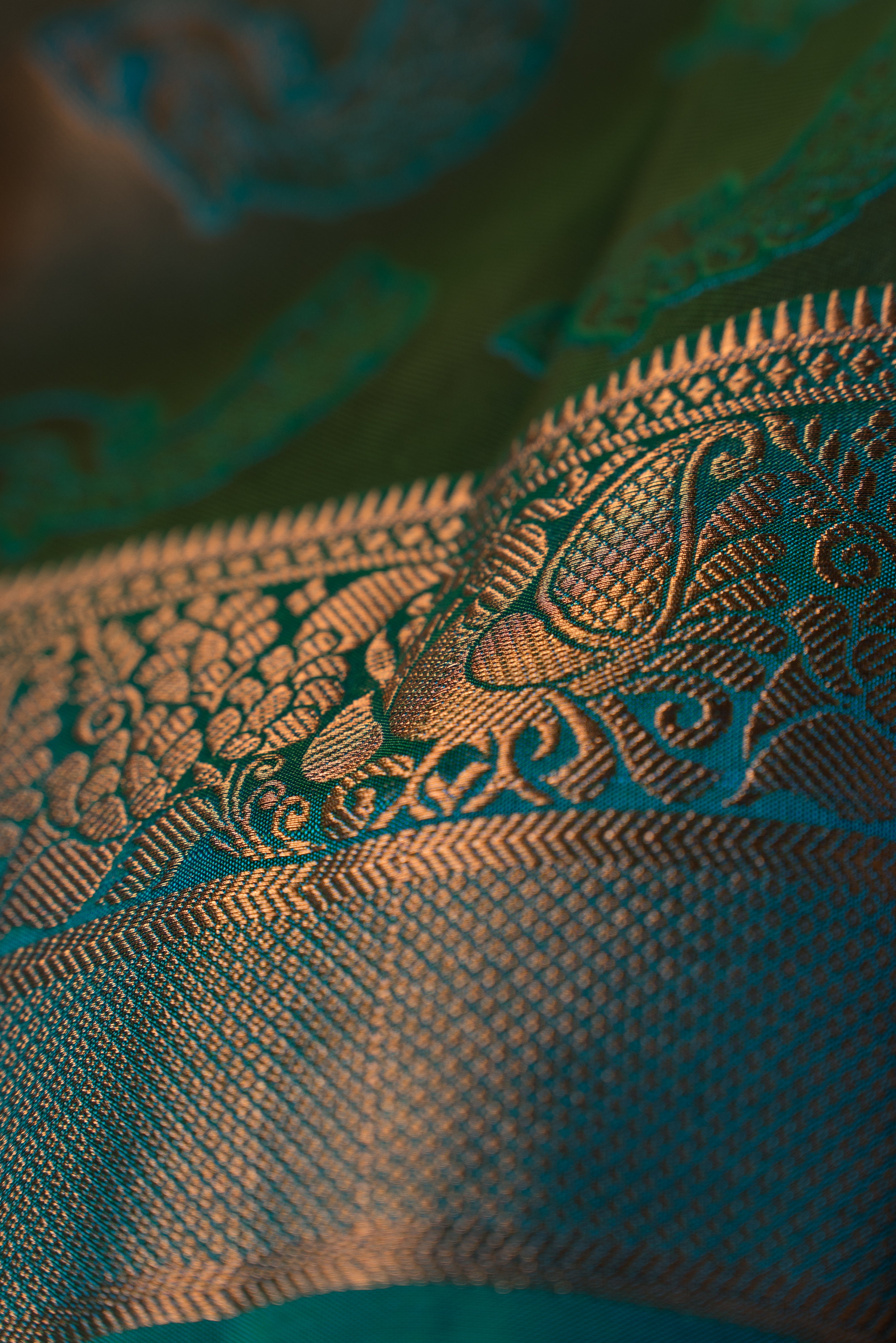 Peacock Green Dharmavaram Silk Paithani Saree with Copper Karnaphulli butti and double border