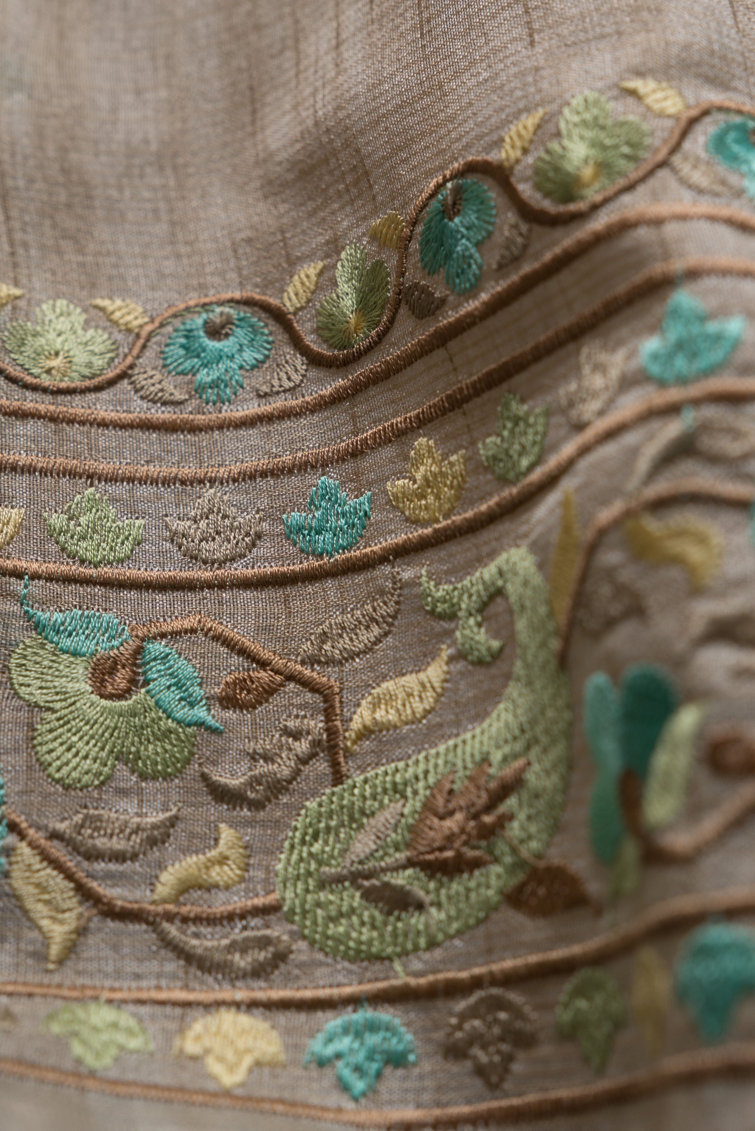Cream Khadi Silk Saree with Blue and Green Resham threadwork butti and border