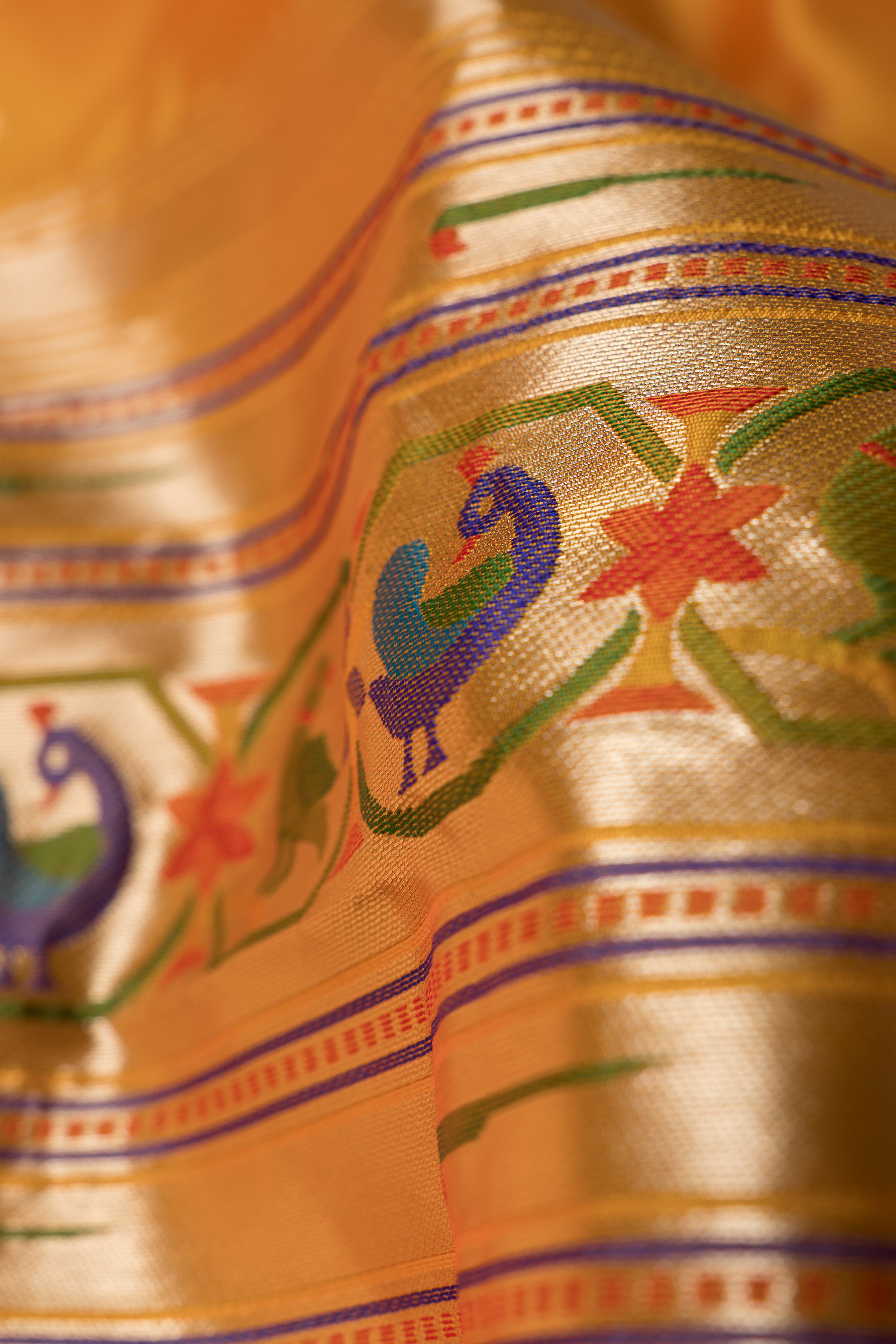 Mango Yellow Raw Silk Paithani Saree with Munya border and Peacock Samay pallu