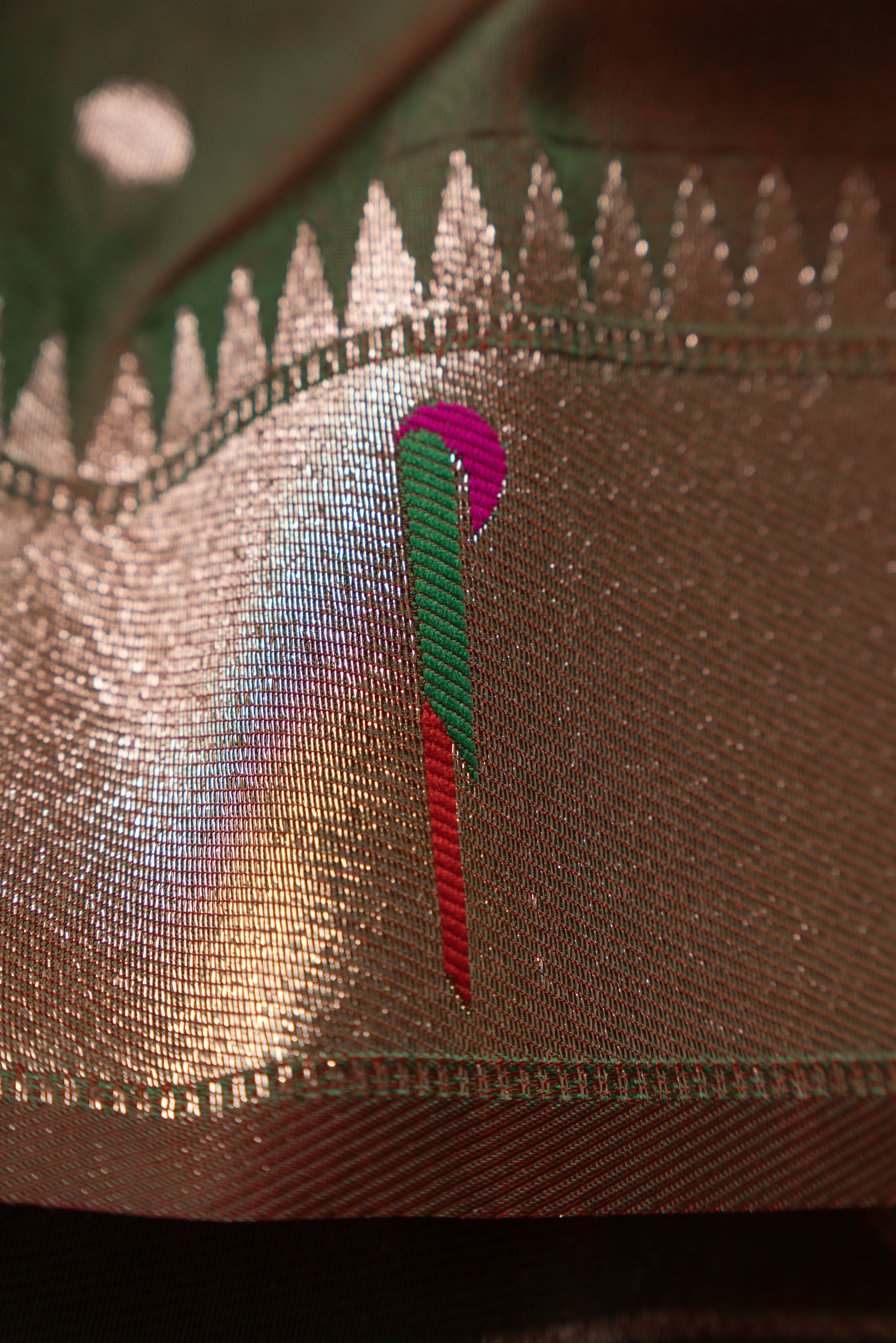 Dhoop Chaon Anjeer Green Katan Silk Paithani Saree with Munya border, Copper Zari and Bangdi Mor Pallu