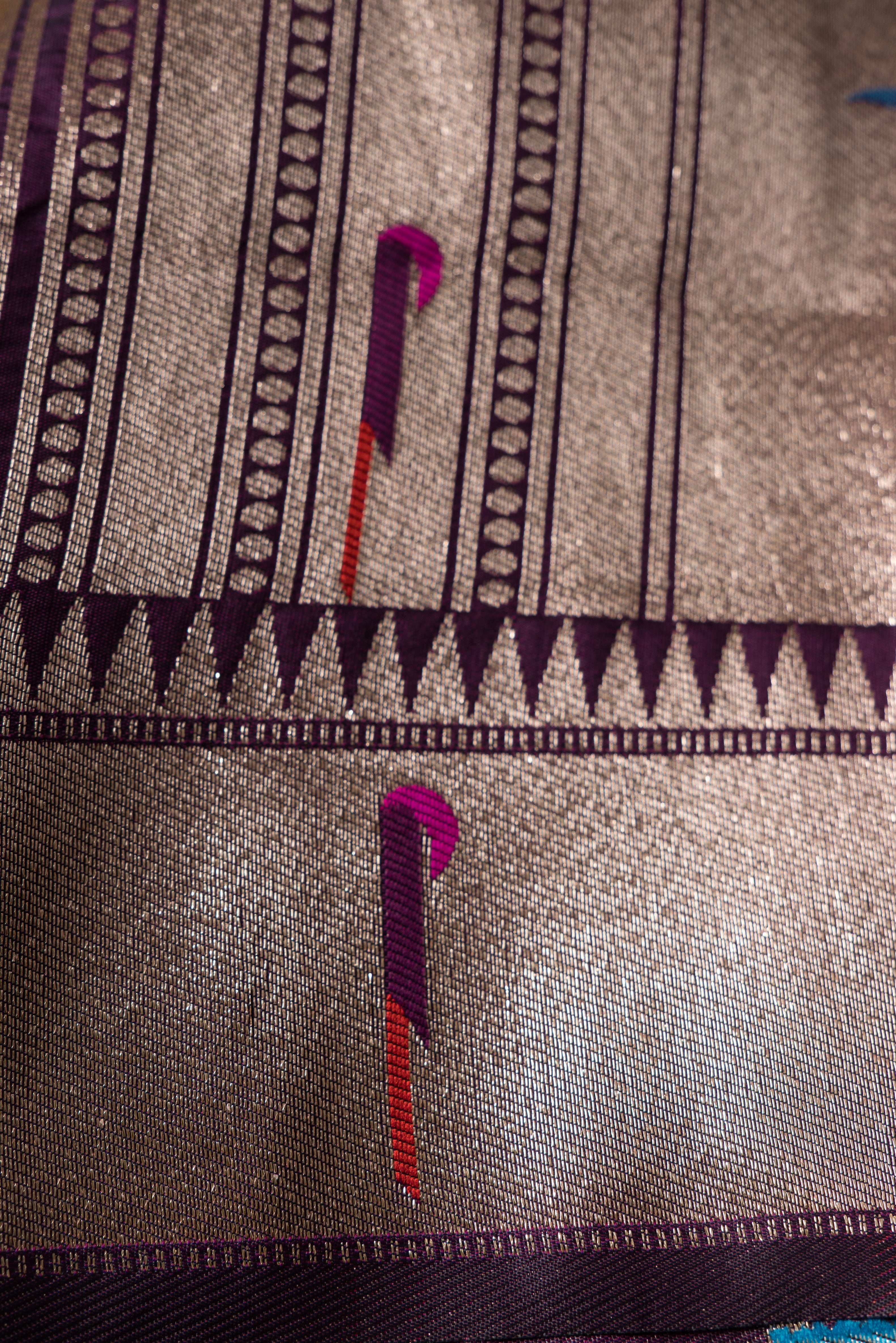 Plum Purple Katan Silk Paithani Saree with Munya border, Copper Zari and Bangdi Mor Pallu
