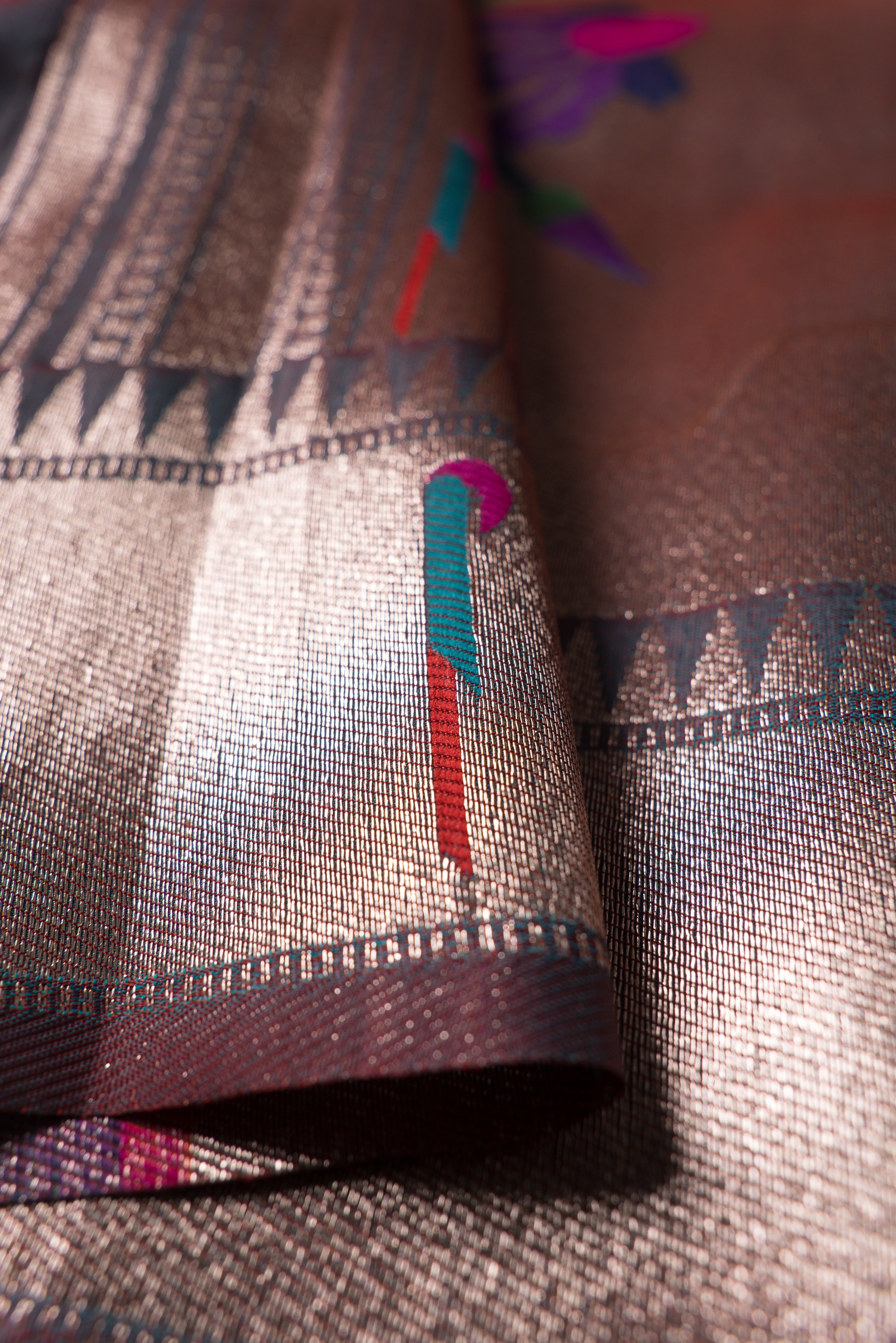 Dhoop Chaon Dusk Katan Silk Paithani Saree with Munya border, Copper Zari and Bangdi Mor Pallu