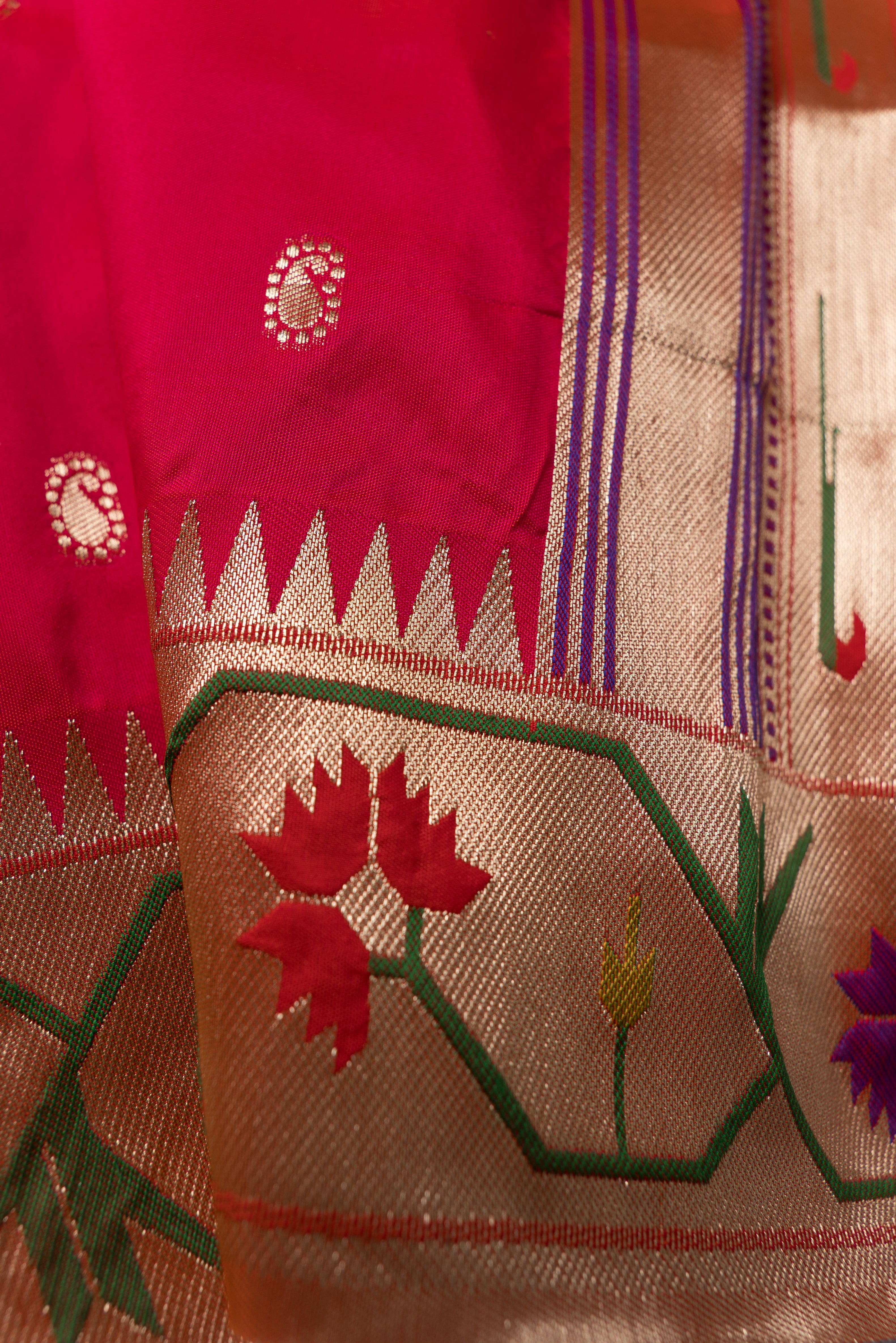 Carrot Pink Katan Silk Paithani Saree with Asawali border, Keri butti and contrast Red blouse