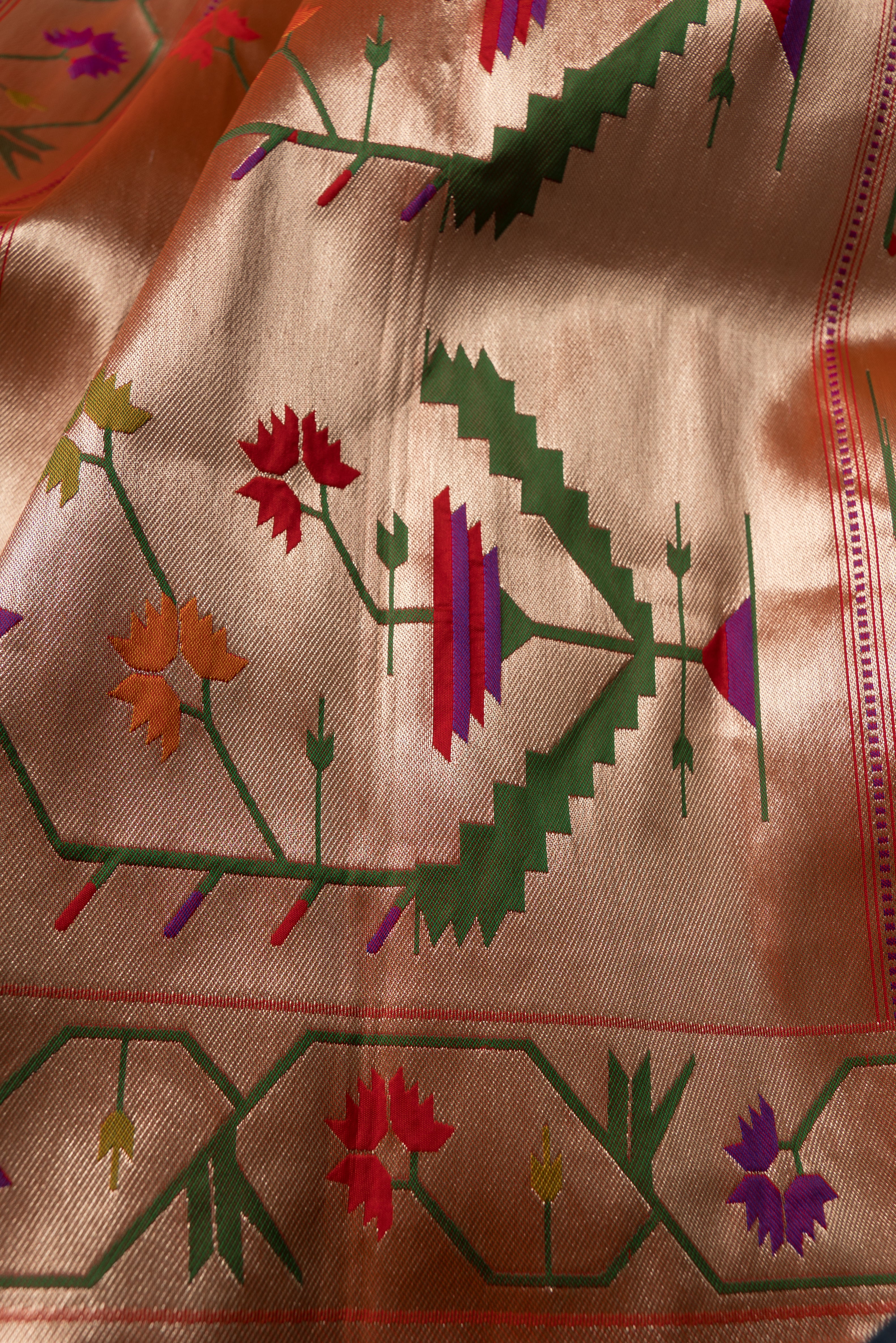 Carrot Pink Katan Silk Paithani Saree with Asawali border, Keri butti and contrast Red blouse