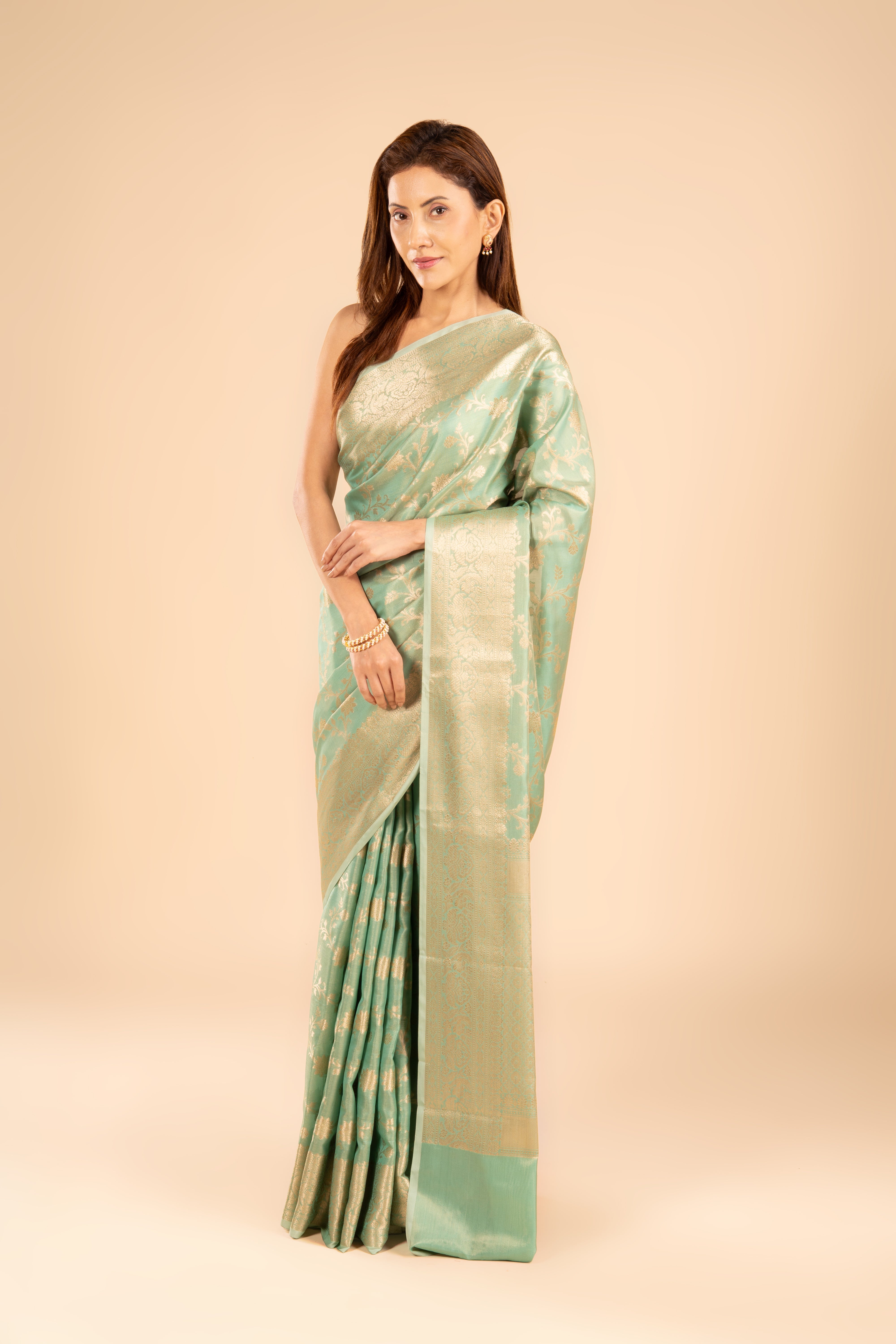 Sea Green Tissue Silk Saree with Jaal pattern